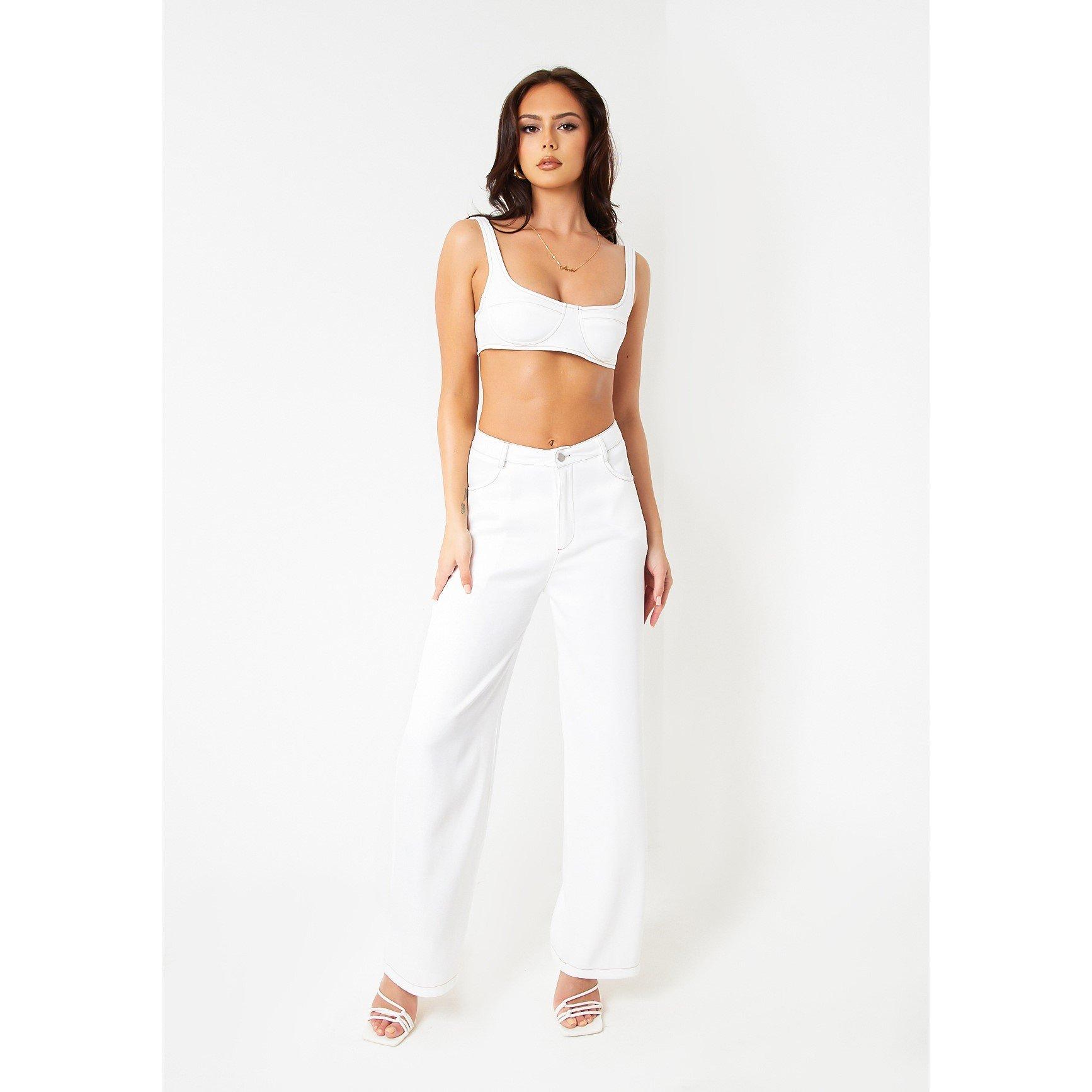 White - Missy Empire - Contrast Stitch Straight Leg Trousers