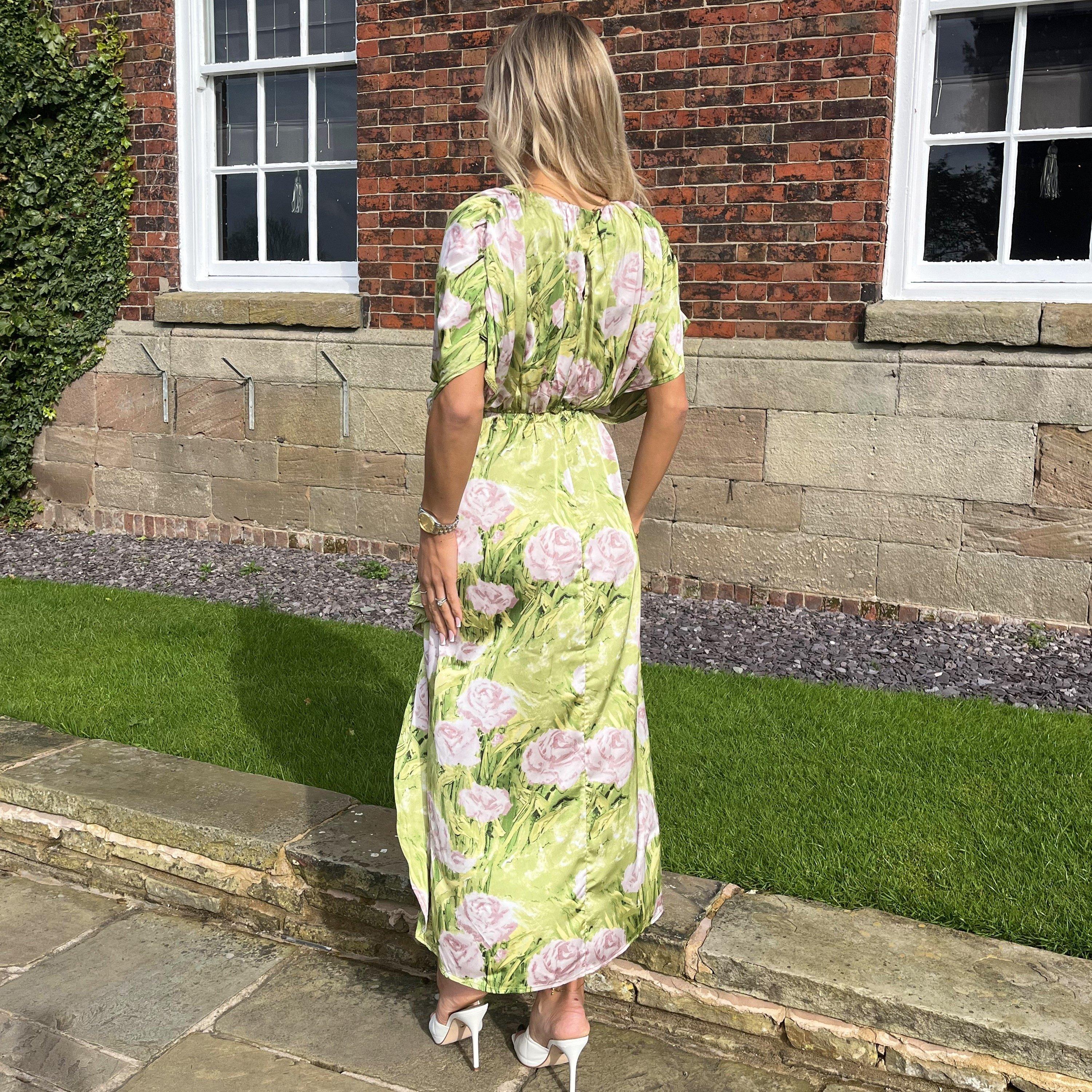 Green - AX Paris - Green Floral Satin Batwing Top Wrap Skirt Midi Dress - 2