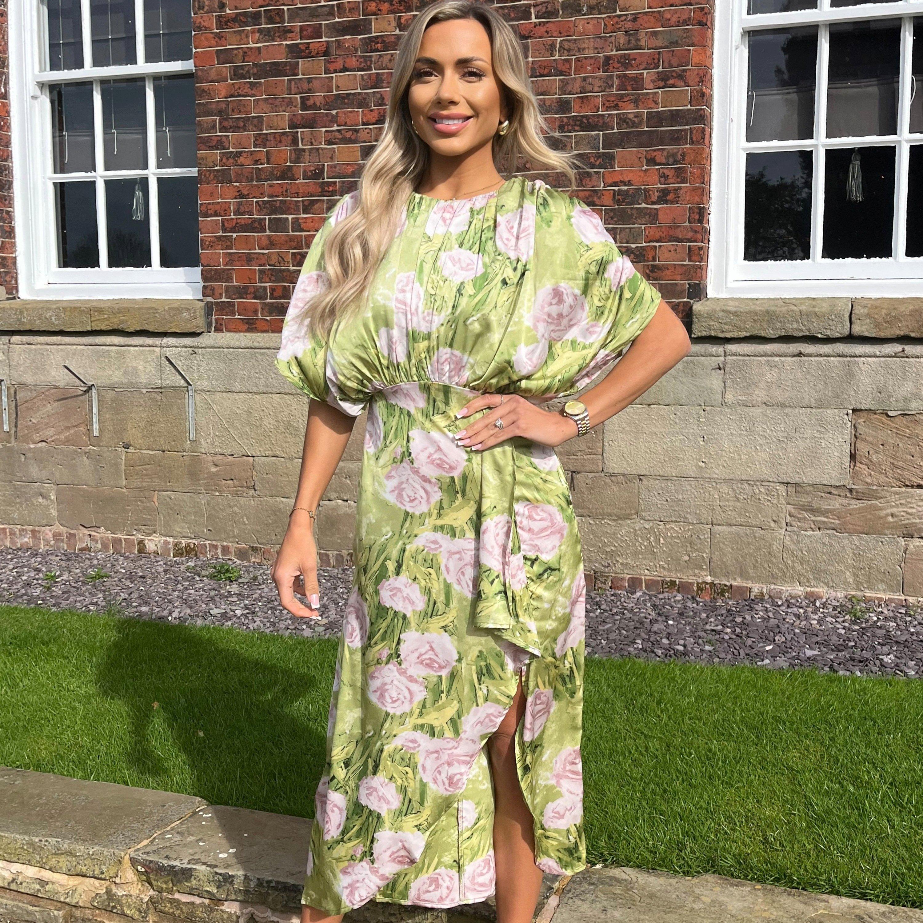 Green - AX Paris - Green Floral Satin Batwing Top Wrap Skirt Midi Dress - 3