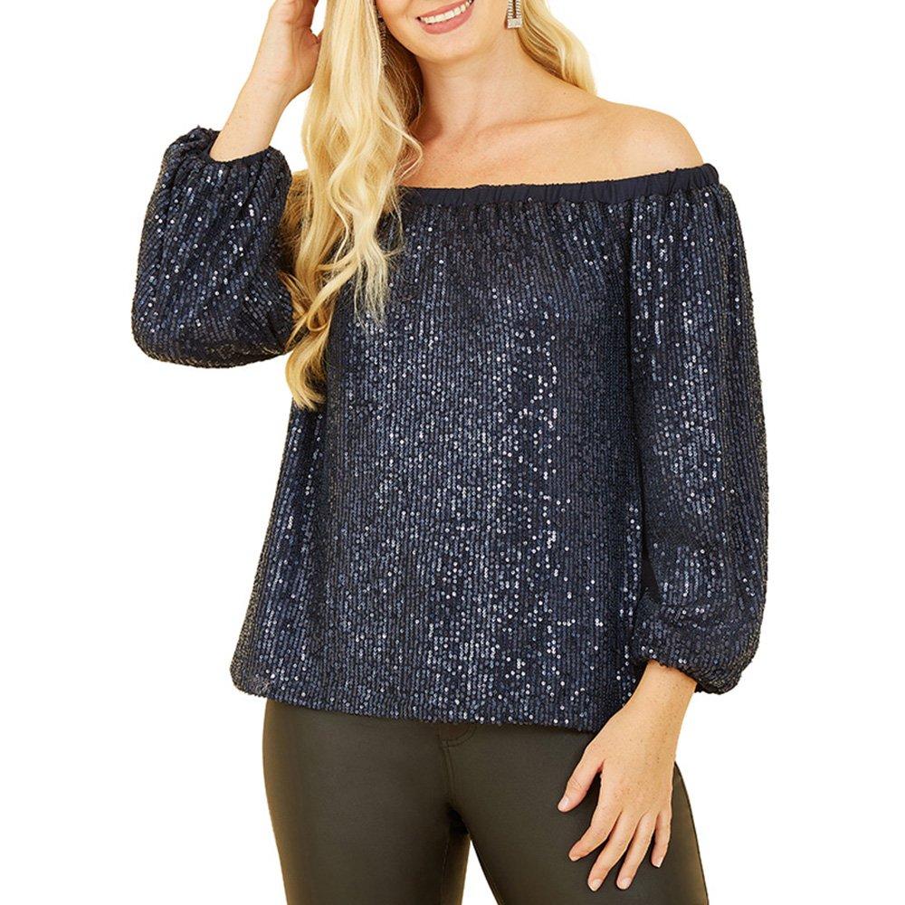 Navy - Yumi - Women's Bardot Long-Sleeve Blouse - 1