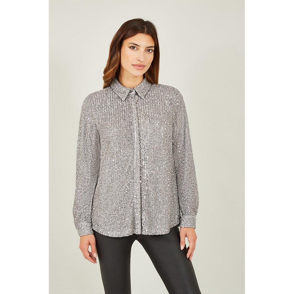 Silver - Yumi - Women's Silver Sequin Long-Sleeve Blouse - 3