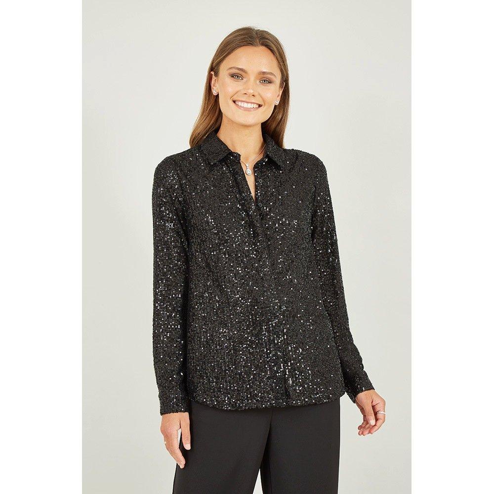 Black - Yumi - Women's Black Sequin Long-Sleeve Blouse - 3