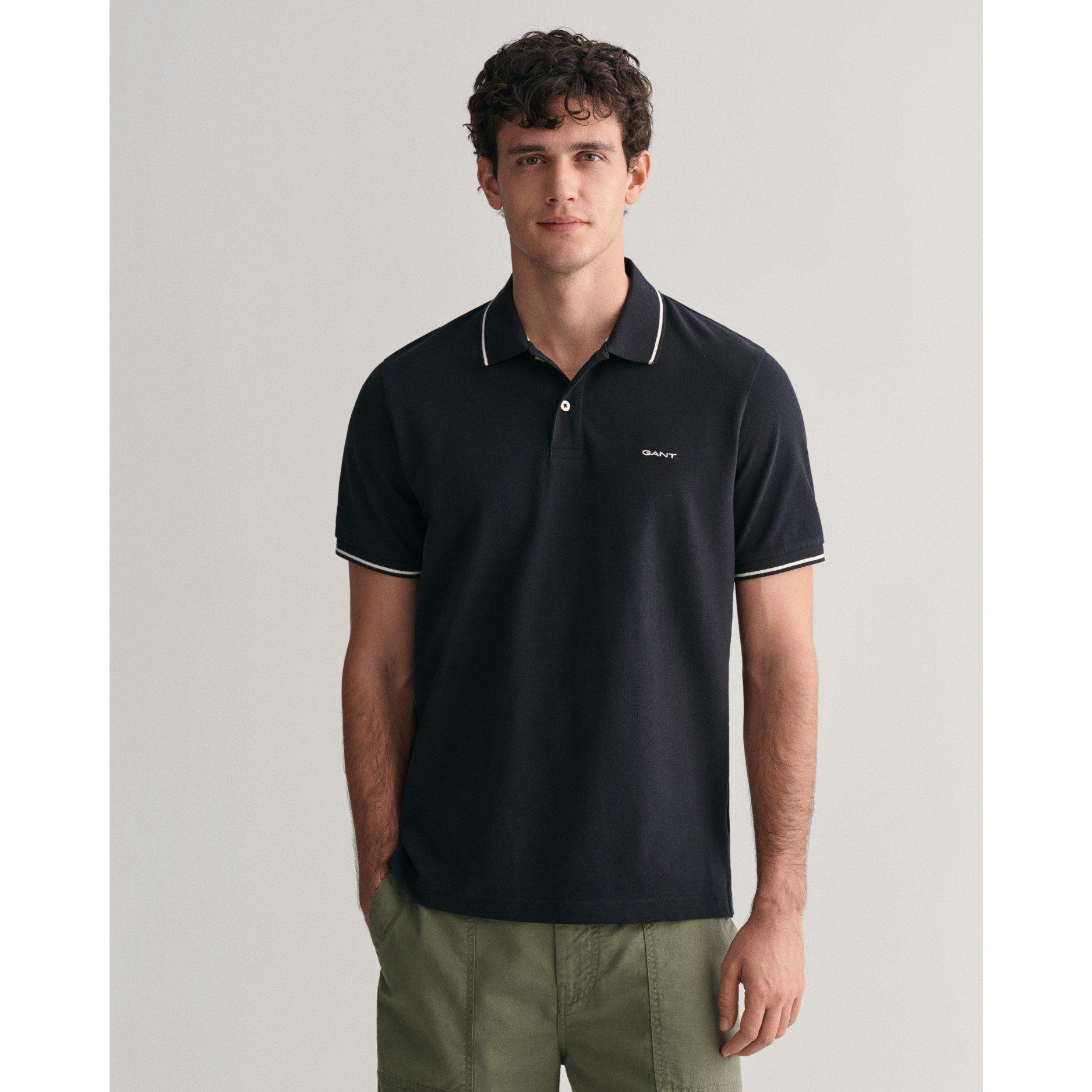 Gant Tipped Pique Polo Shirt - Black 005 - M