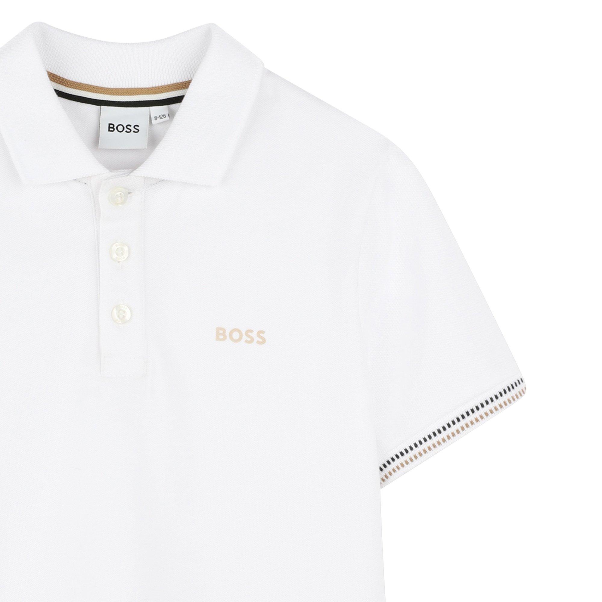 White - Boss - Kids Tipped Stripe Logo Polo Shirt - 3