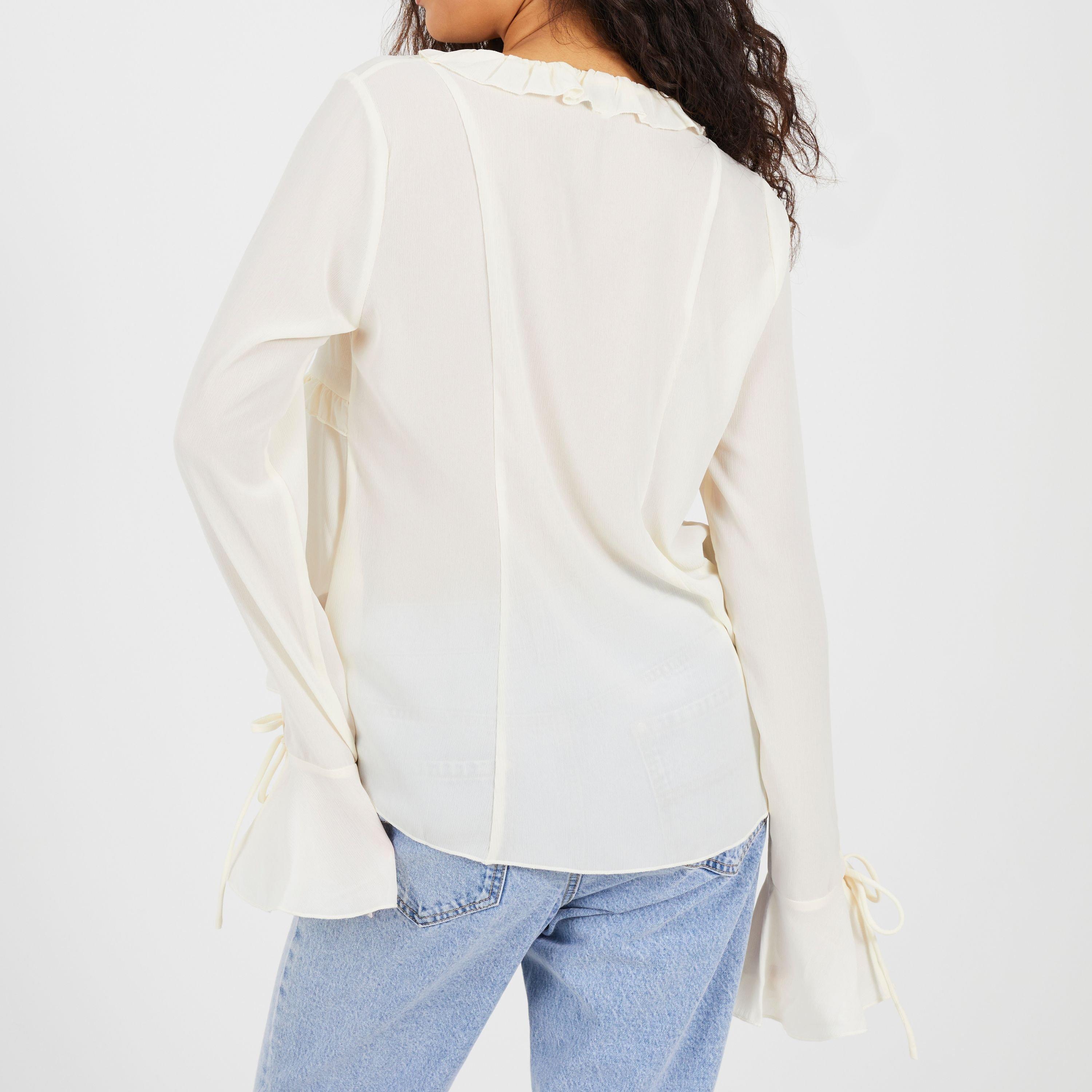 Crème - Brave Soul - BS Womens Long Sleeve Frill Top with Front Tie Detail - 2
