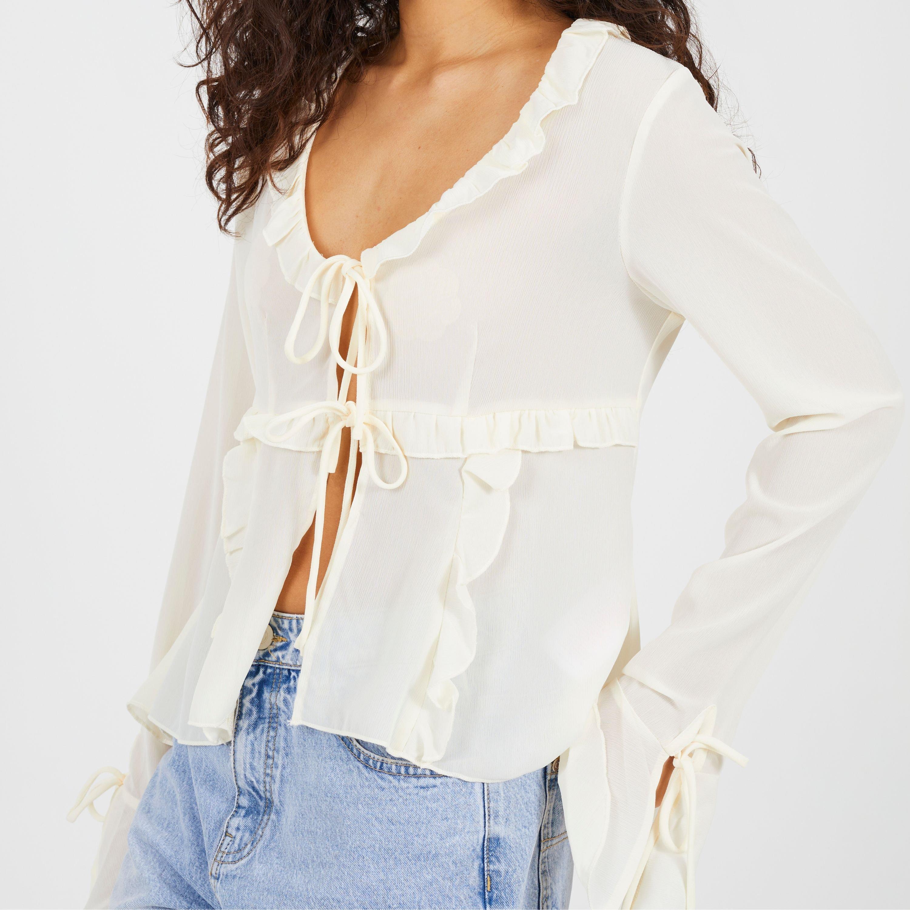 Crème - Brave Soul - BS Womens Long Sleeve Frill Top with Front Tie Detail - 3