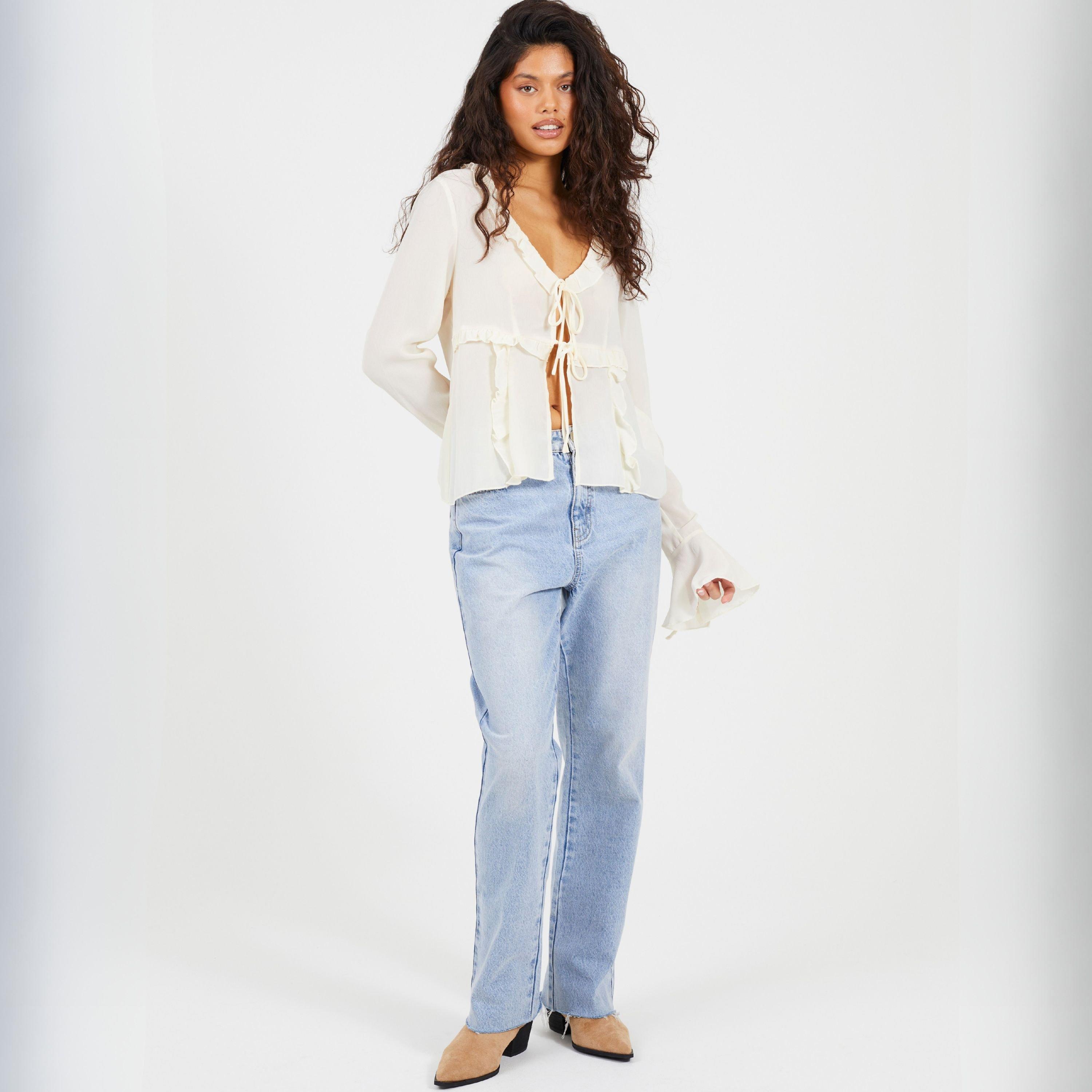 Crème - Brave Soul - BS Womens Long Sleeve Frill Top with Front Tie Detail - 4