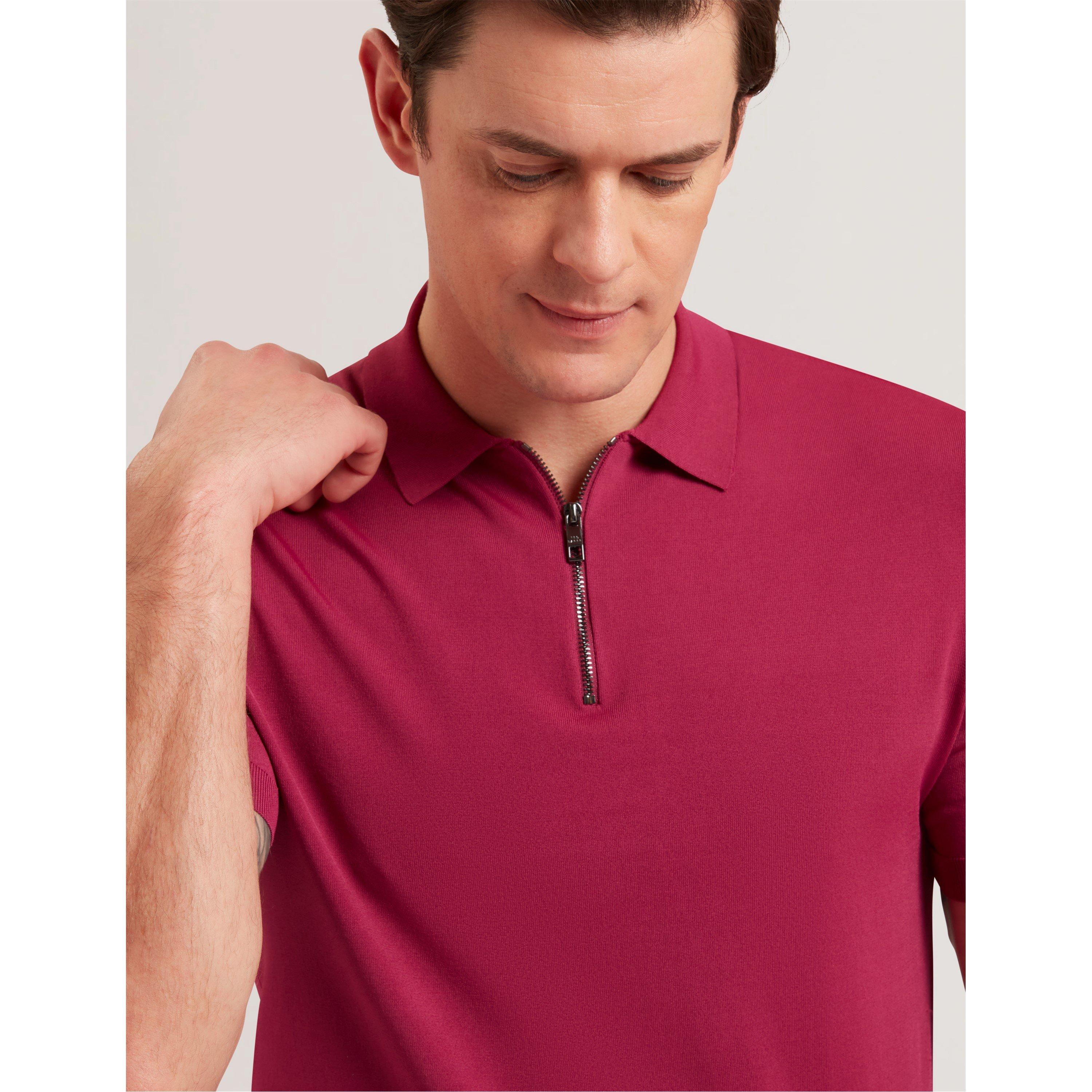 Fuchsia - Ted Baker - Rayon Zipped Short-Sleeve Polo Shirt - 3