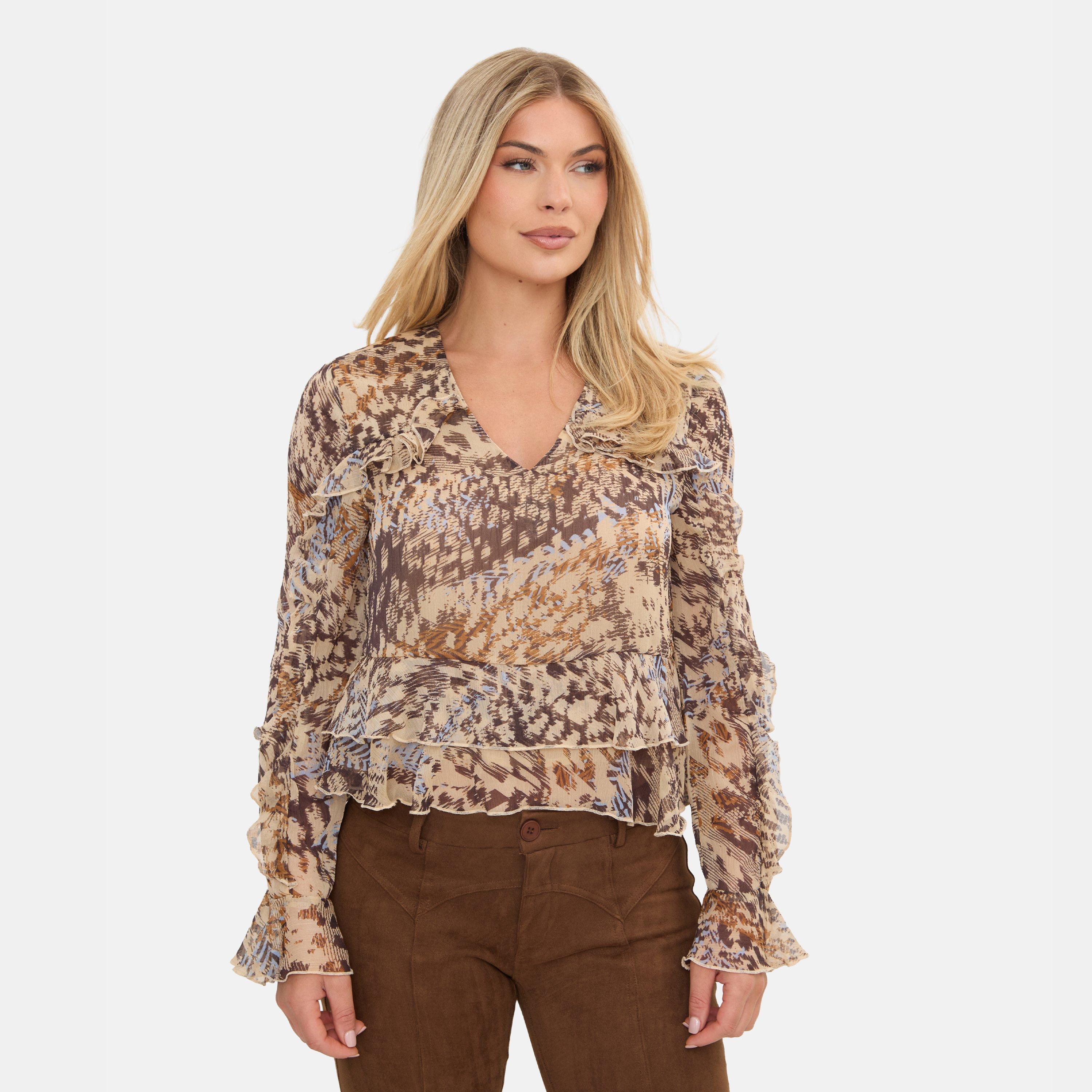 Brown - I Saw It First - Printed Ruffle Blouse - 1