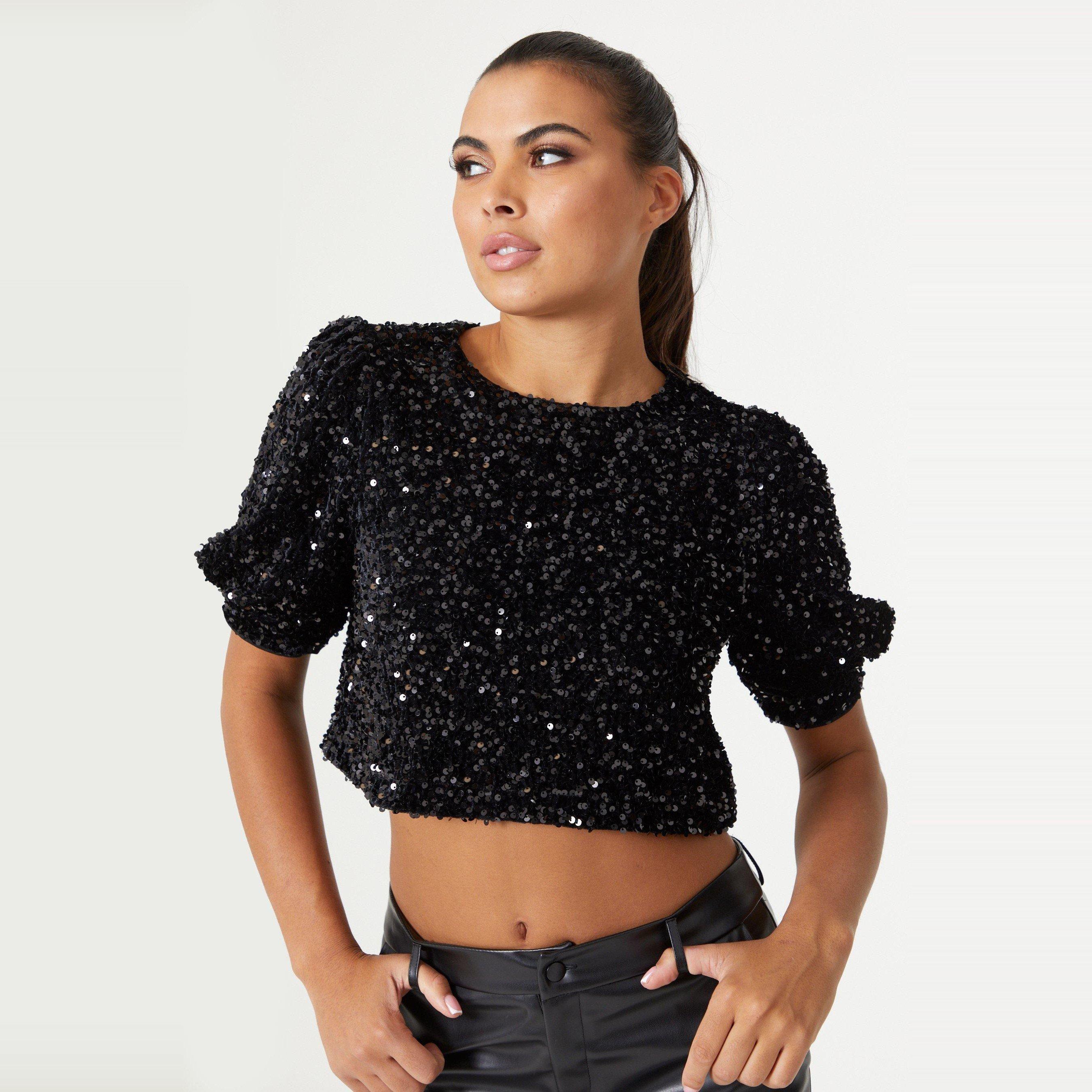 Black - Be You - Sequin Crop Top Womens - 2