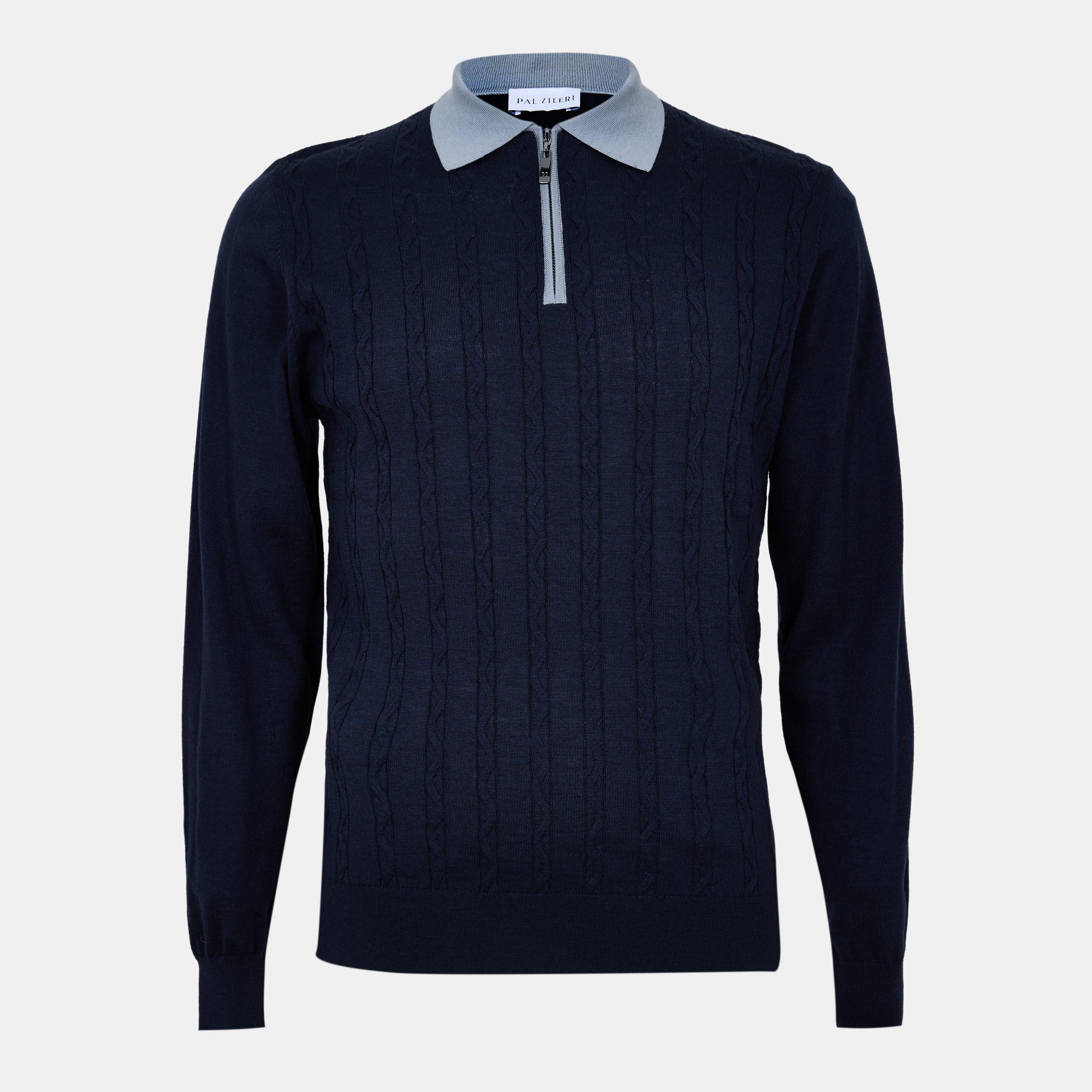 Navy - Pal Zileri - Men's Wool Zipped Short-Sleeve Polo Shirt - 1