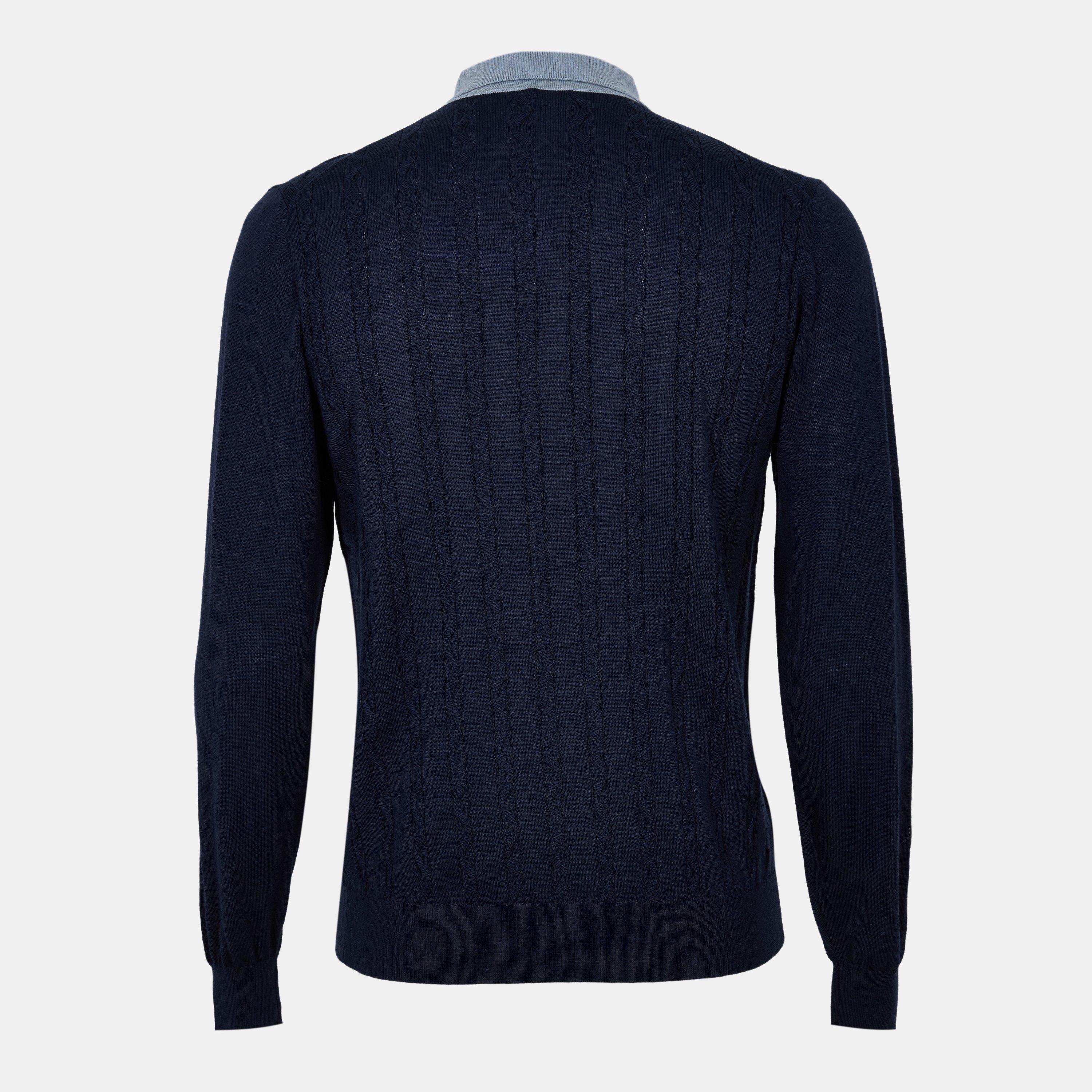 Navy - Pal Zileri - Men's Wool Zipped Short-Sleeve Polo Shirt - 2