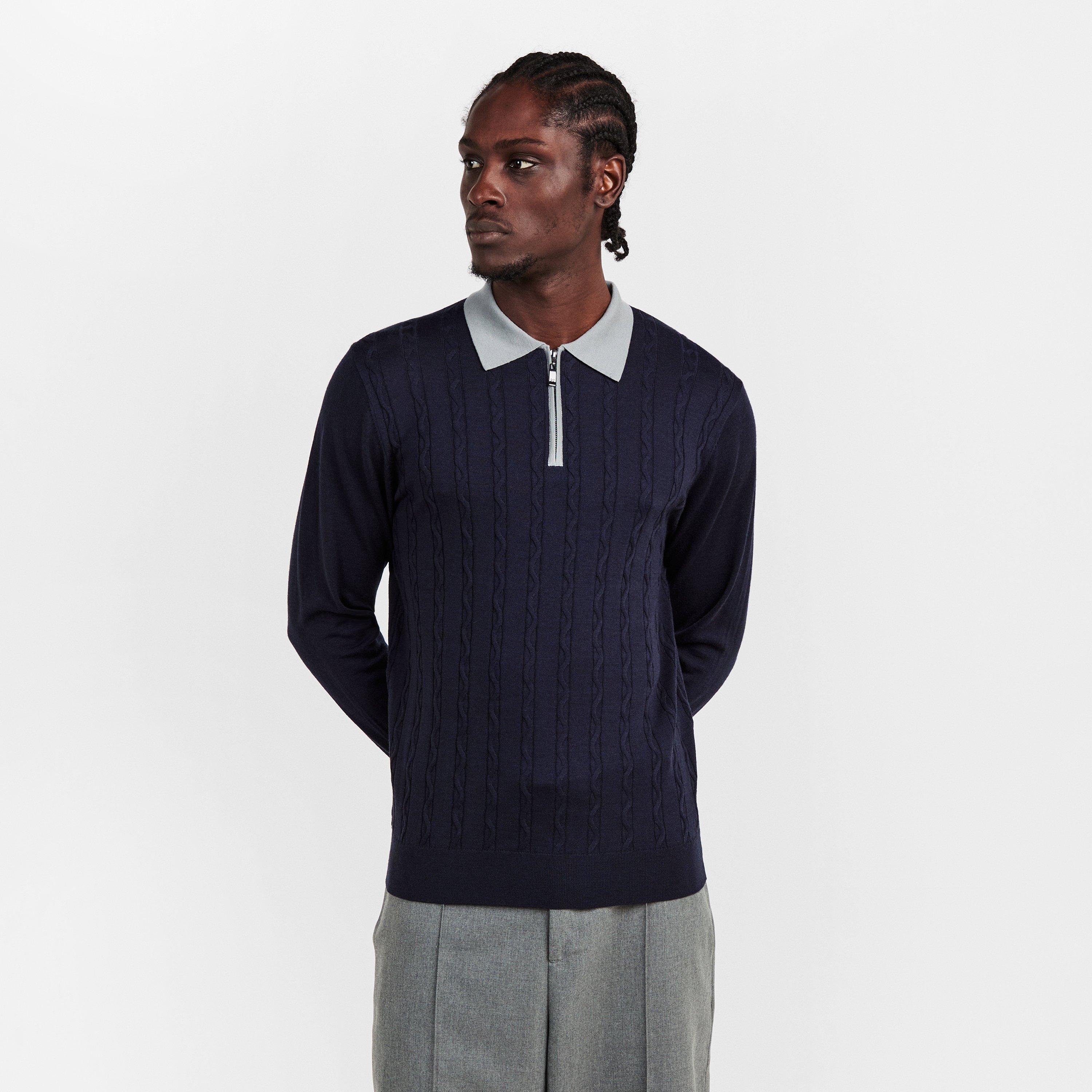 Navy - Pal Zileri - Men's Wool Zipped Short-Sleeve Polo Shirt - 3