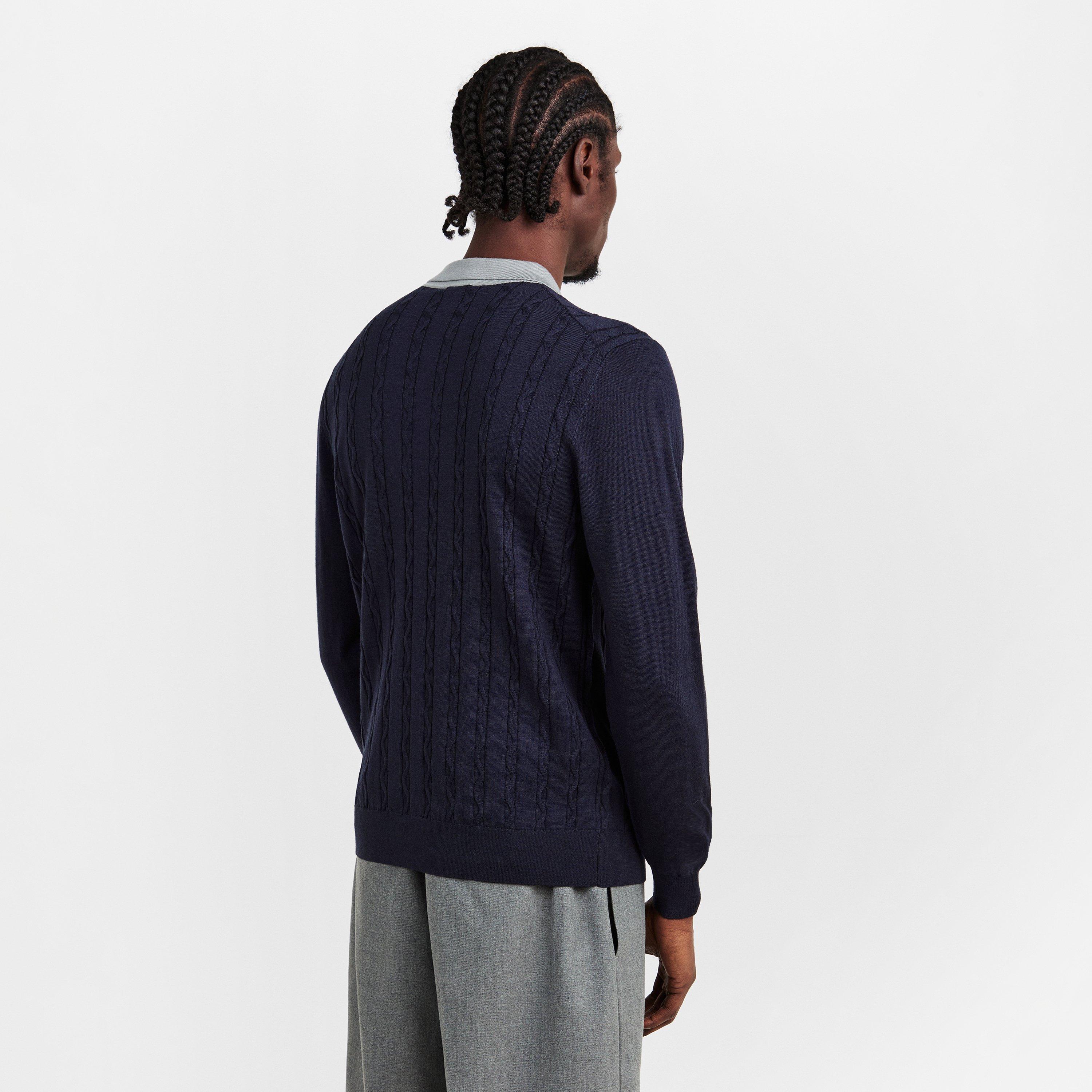 Navy - Pal Zileri - Men's Wool Zipped Short-Sleeve Polo Shirt - 4