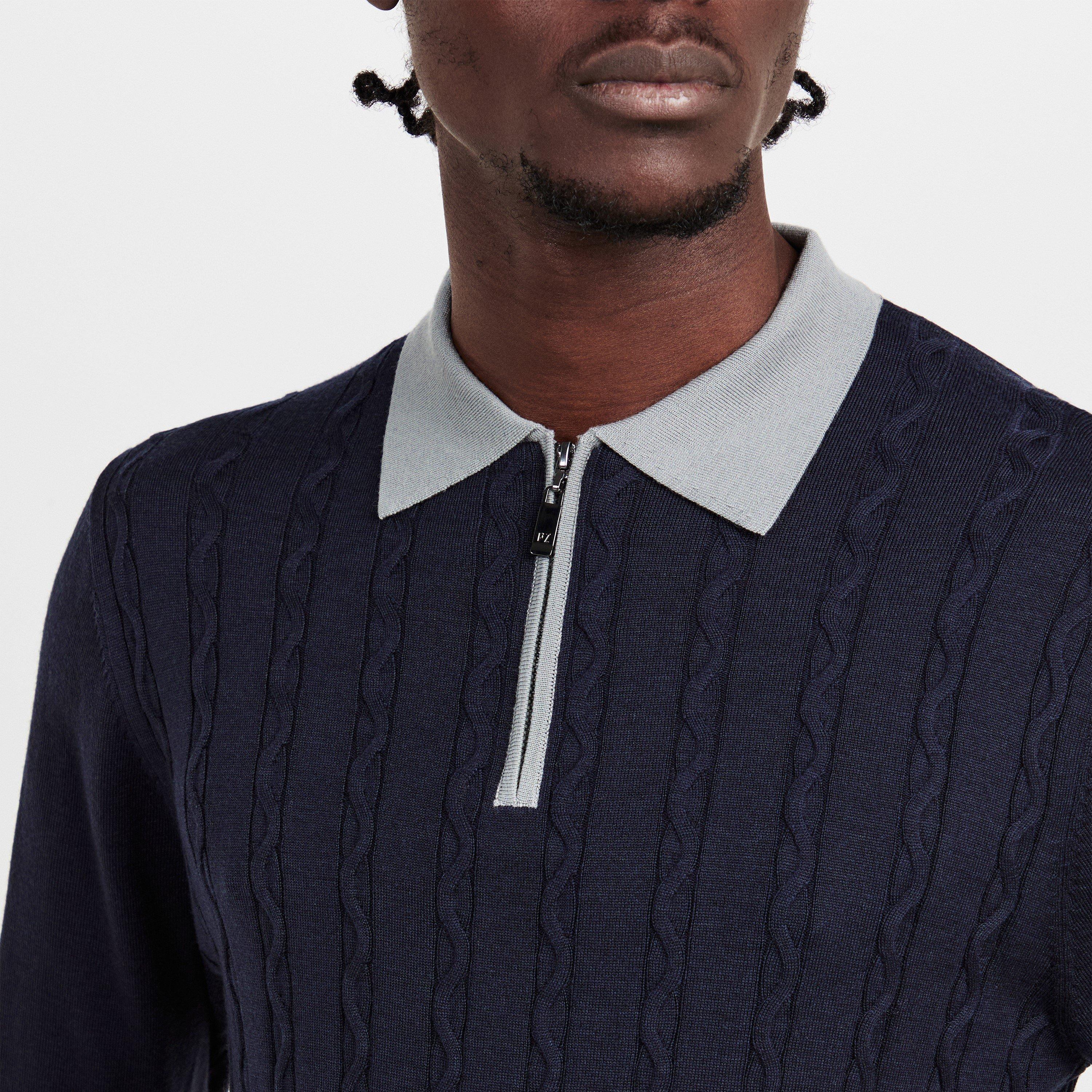 Navy - Pal Zileri - Men's Wool Zipped Short-Sleeve Polo Shirt - 5