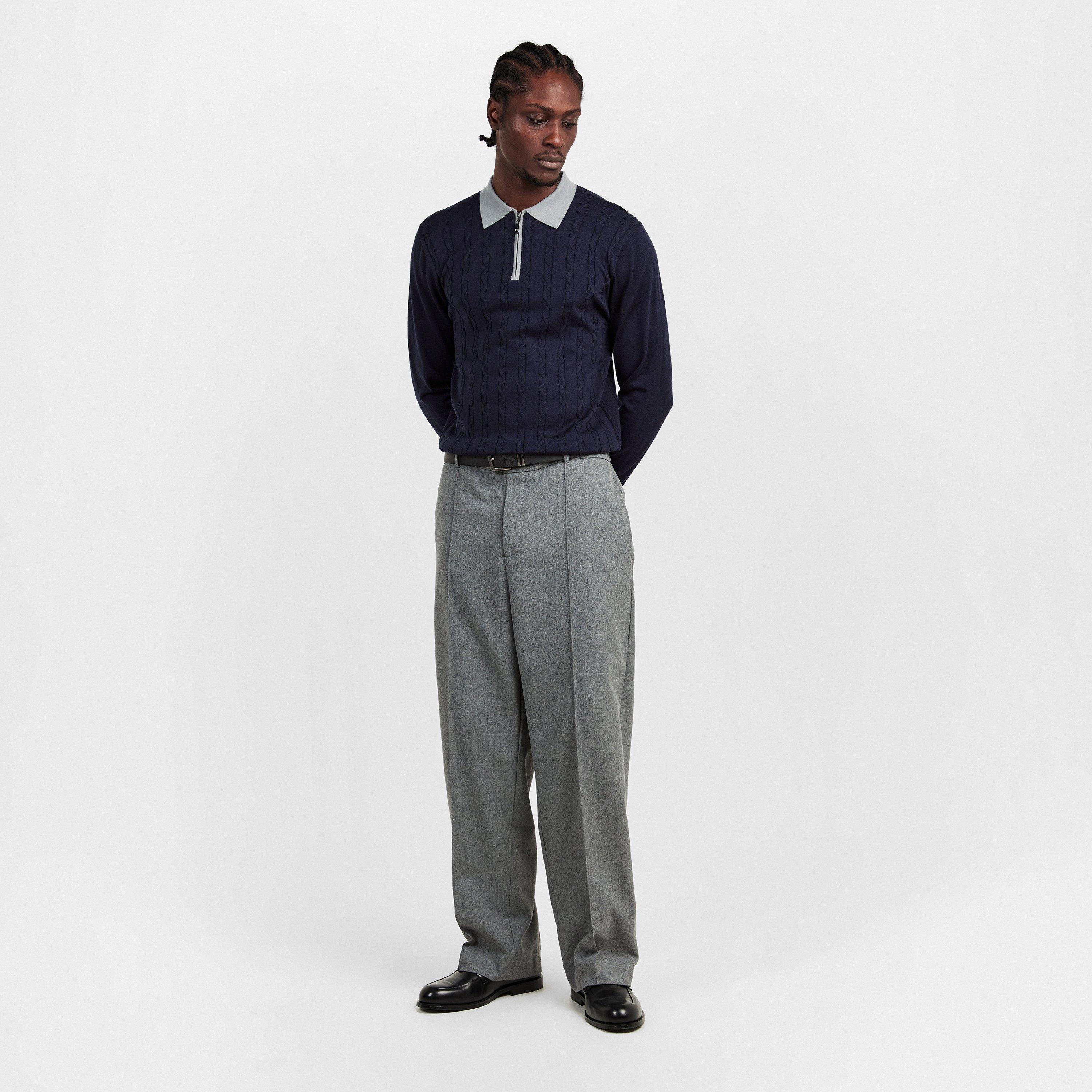 Navy - Pal Zileri - Men's Wool Zipped Short-Sleeve Polo Shirt - 6