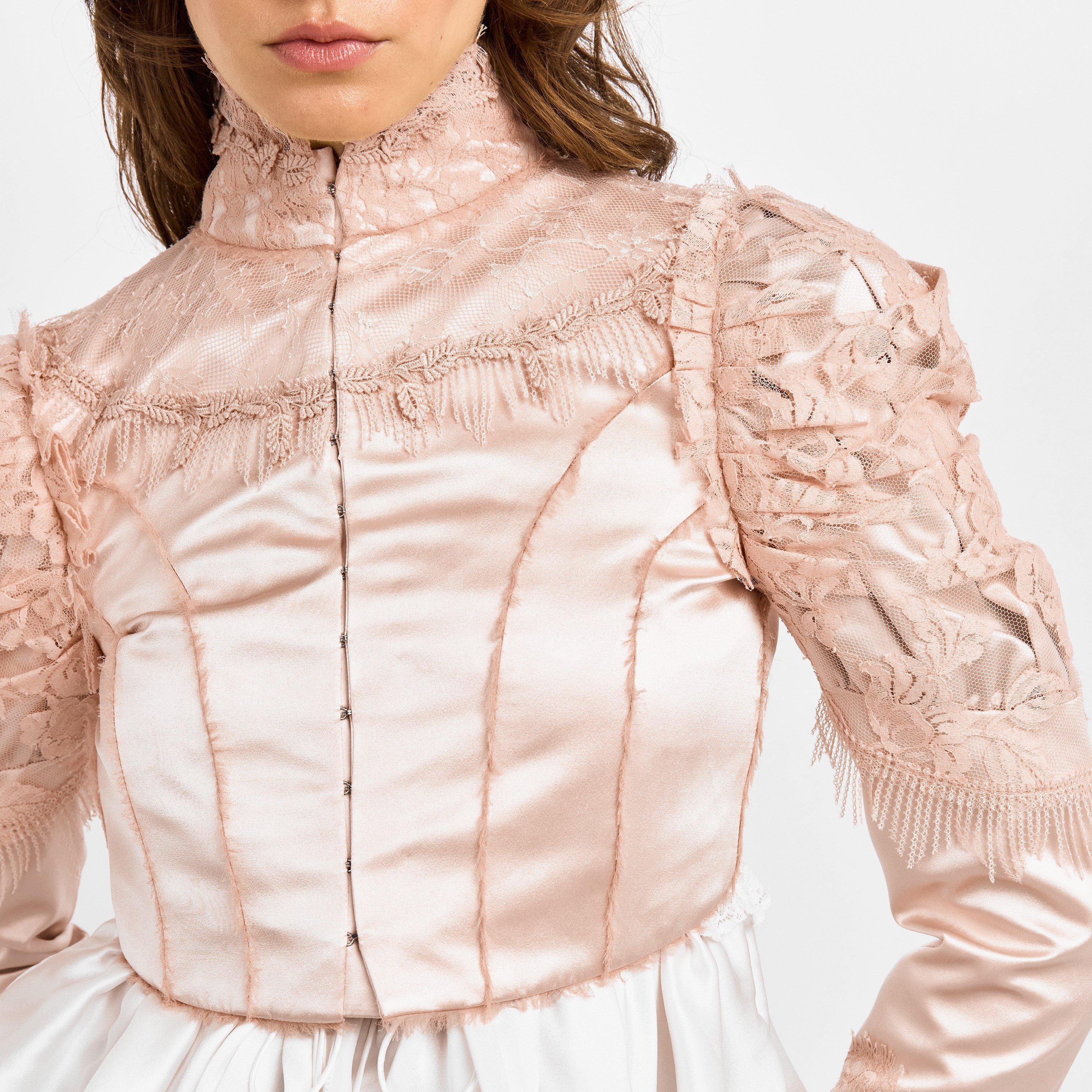 Clay Pink - Chloe - Women’s Cropped Fitted Silk Duchess Jacket - 5