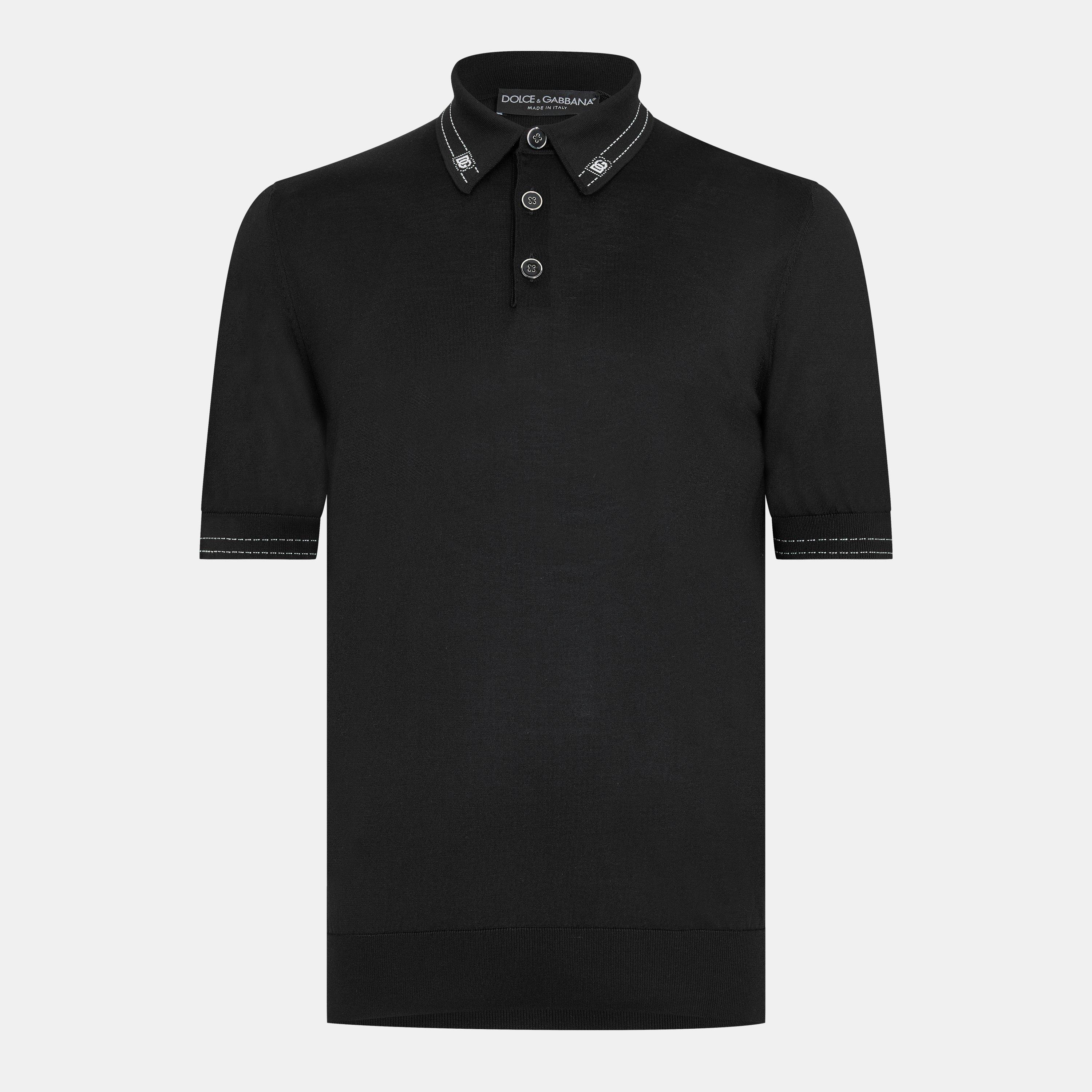 Dolce and Gabbana Men's Stripe Collar Short Sleeve Polo Shirt - Black - M