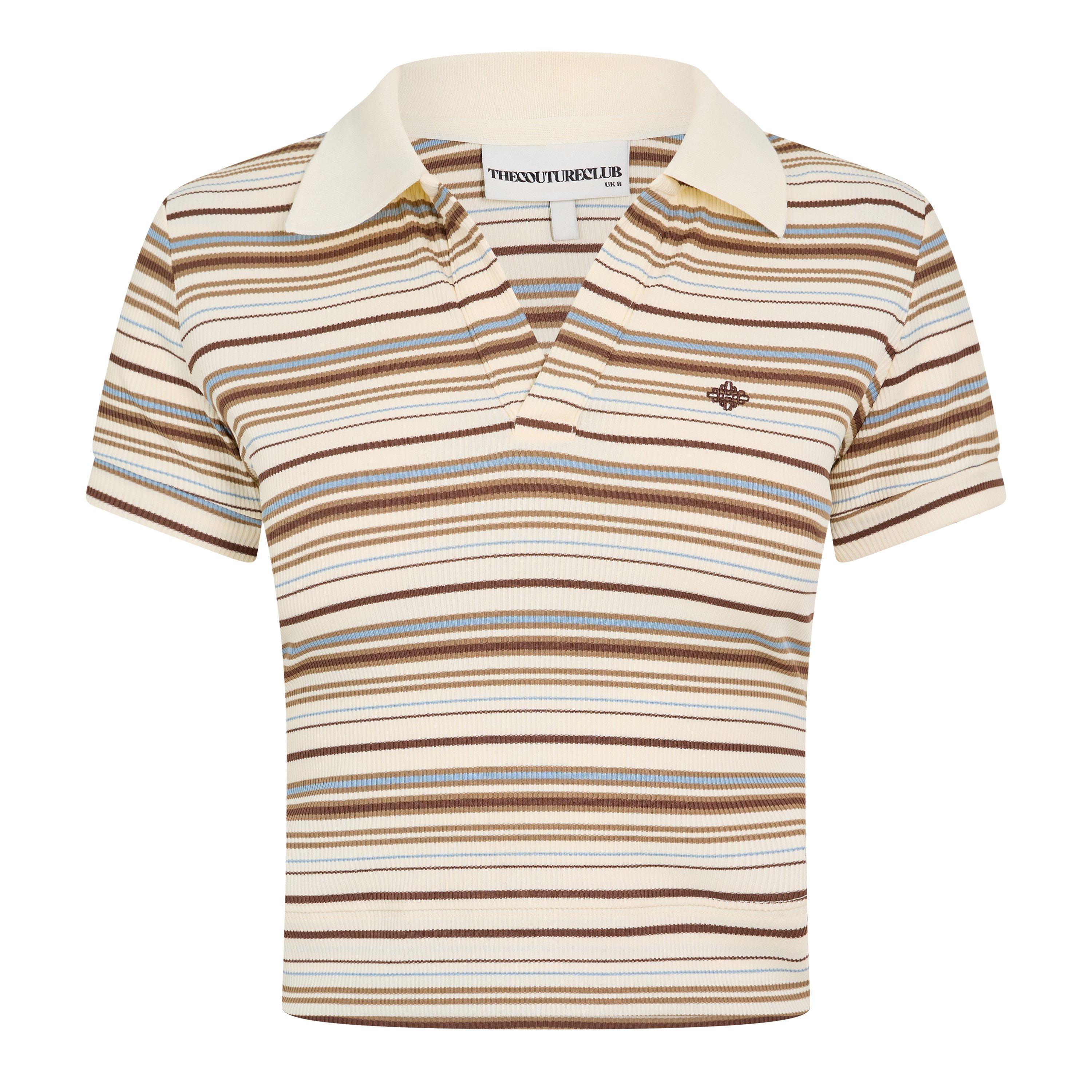 Beige - The Couture Club - Womens Striped Polo Shirt - 1
