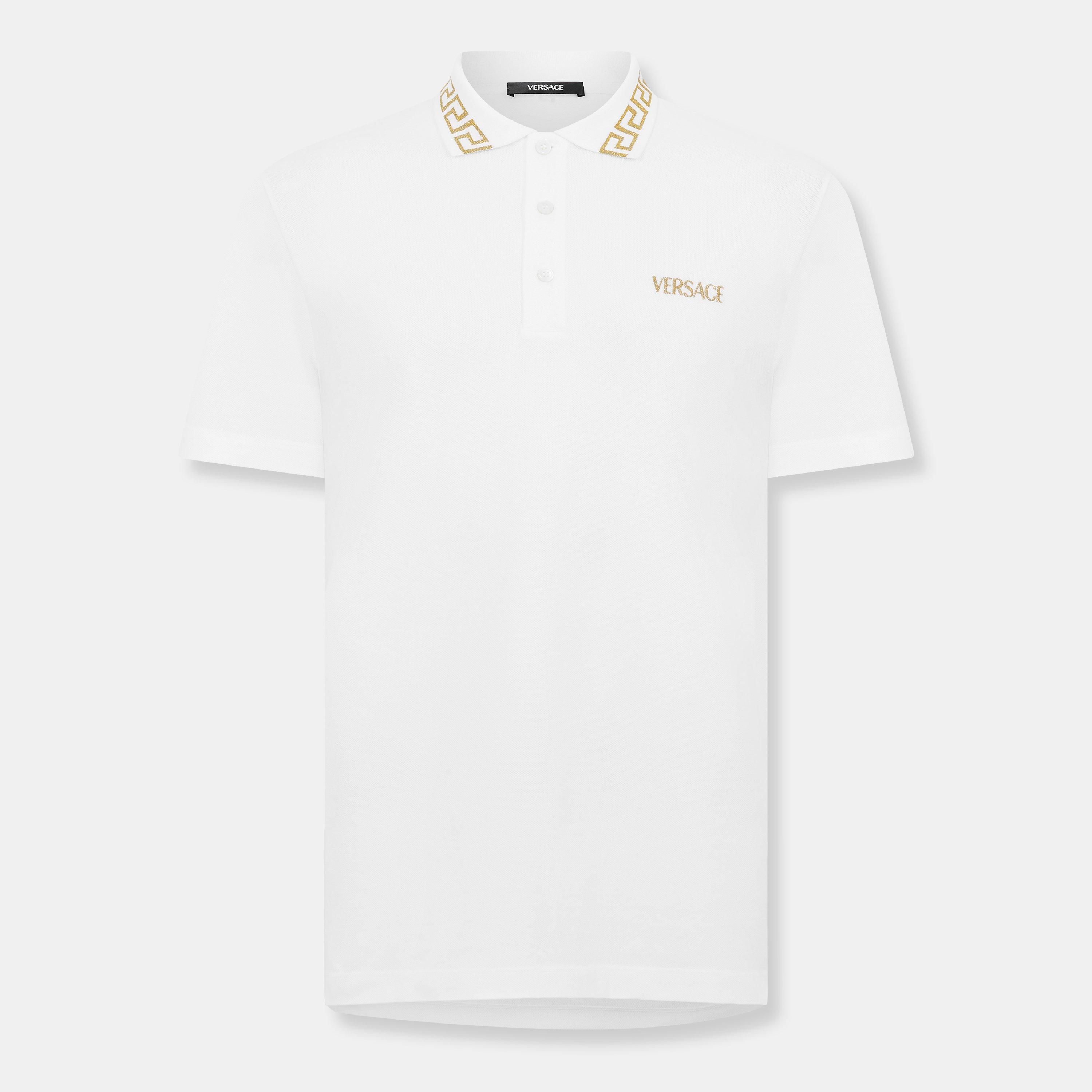 Versace Men's Greca Short Sleeve Polo Shirt - Wht/Gld 2W110 - XL