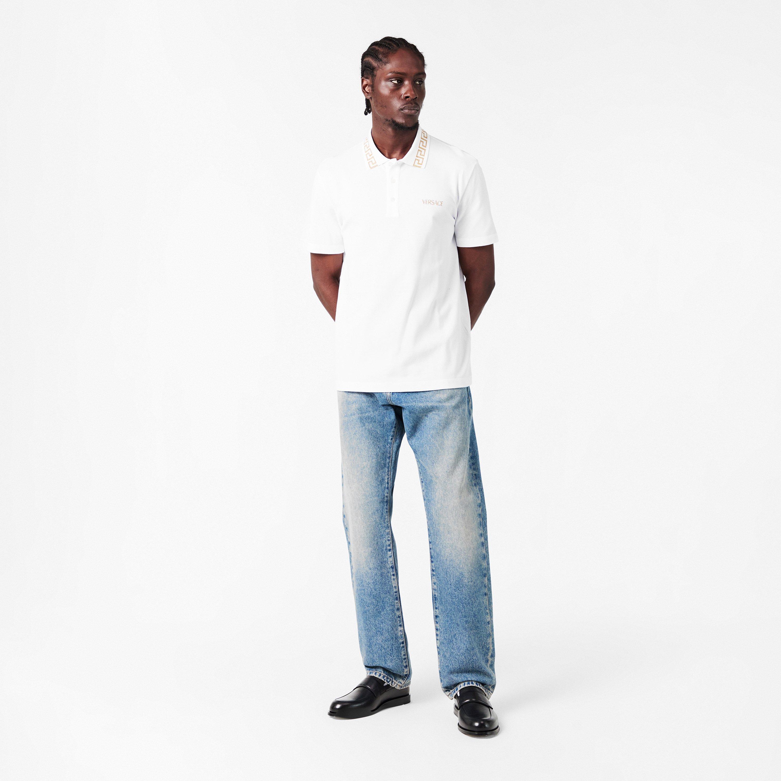Wht/Gld 2W110 - Versace - Men's Greca Short Sleeve Polo Shirt - 6