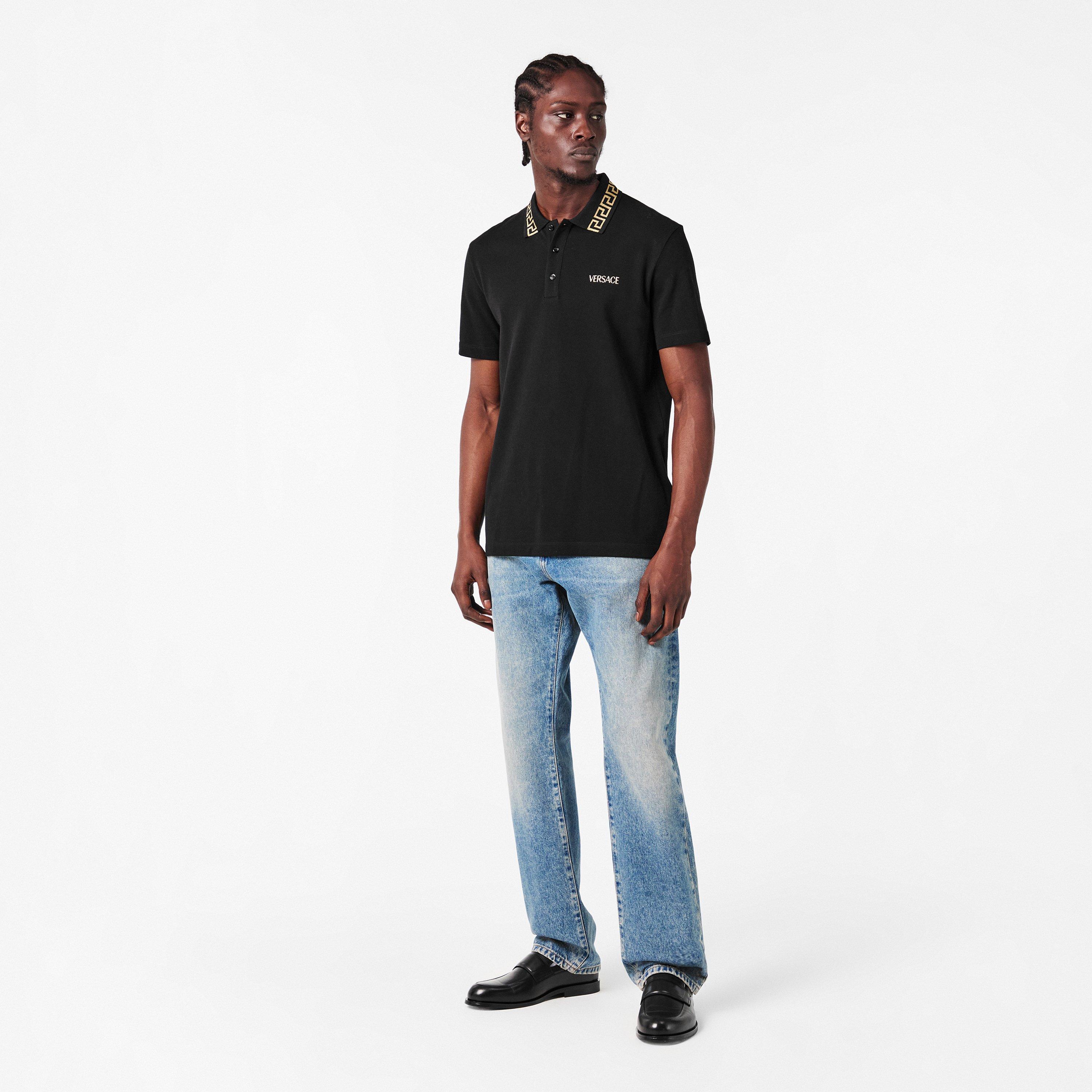 Blk/Gld 2B130 - Versace - Men's Greca Short Sleeve Polo Shirt - 6
