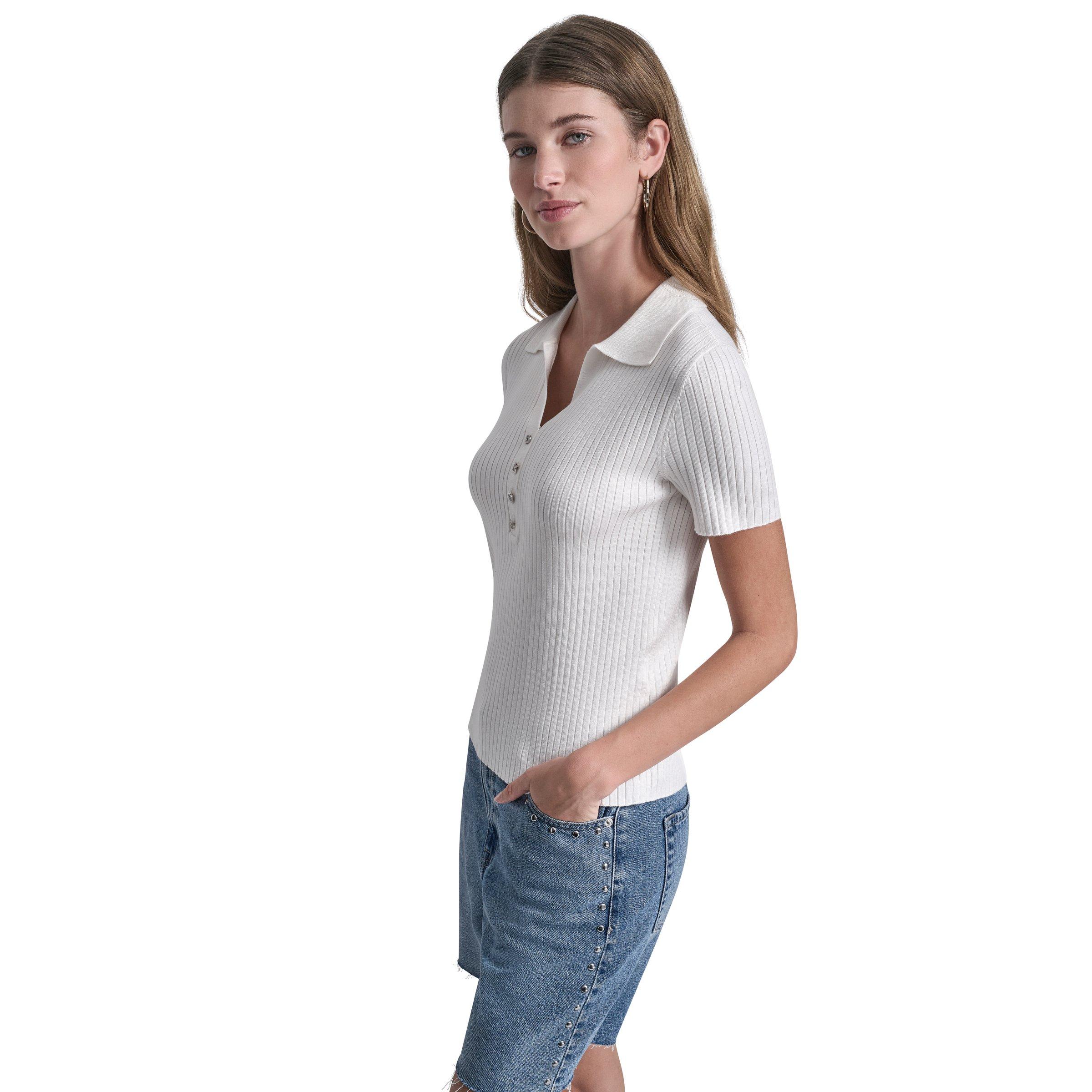 Ivory - DKNY - DKNY Jeans Short Sleeve Rib Polo W/ Logo Rhinestone Buttons - 2