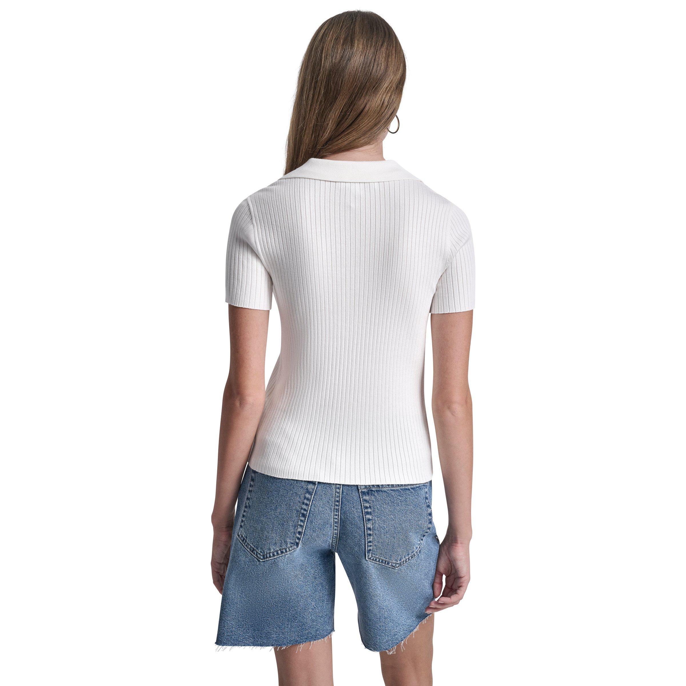 Ivory - DKNY - DKNY Jeans Short Sleeve Rib Polo W/ Logo Rhinestone Buttons - 3