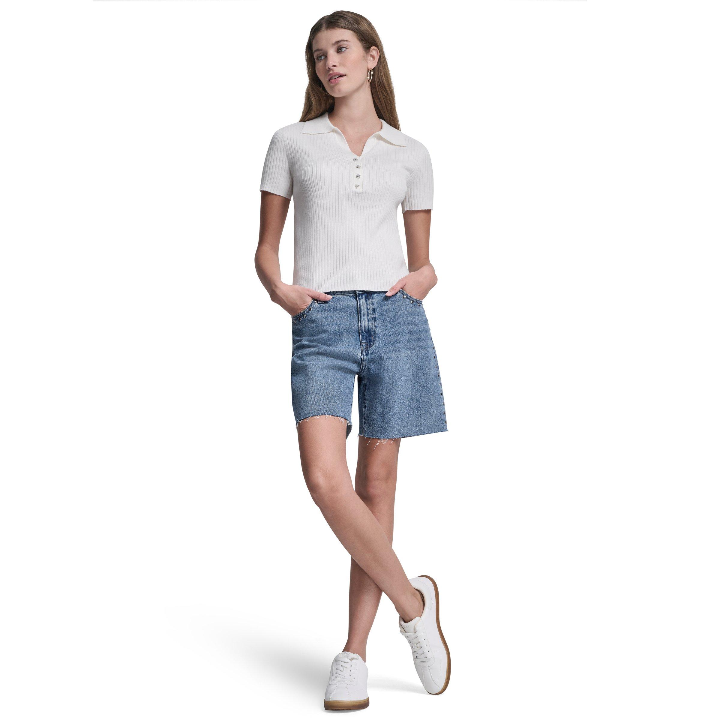 Ivory - DKNY - DKNY Jeans Short Sleeve Rib Polo W/ Logo Rhinestone Buttons - 4
