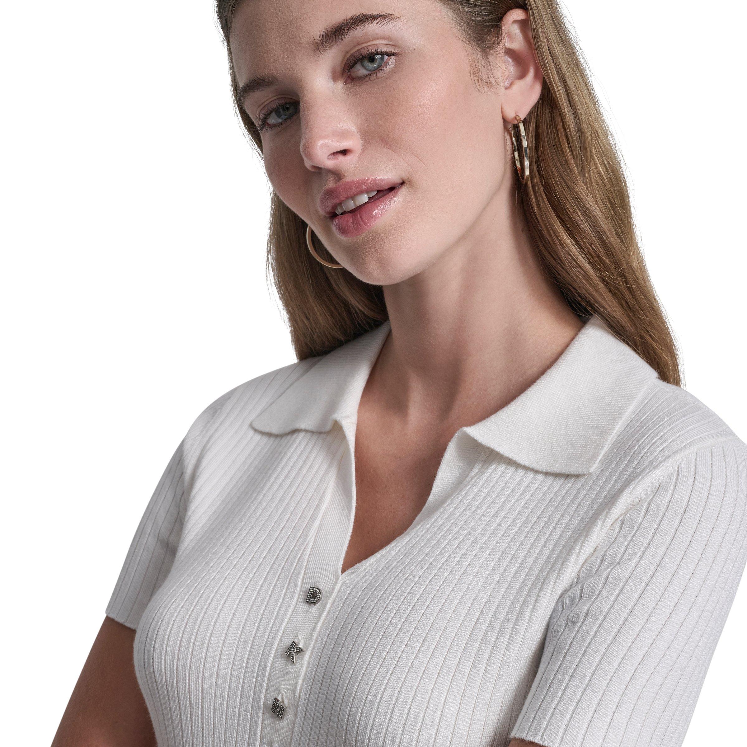 Ivory - DKNY - DKNY Jeans Short Sleeve Rib Polo W/ Logo Rhinestone Buttons - 5