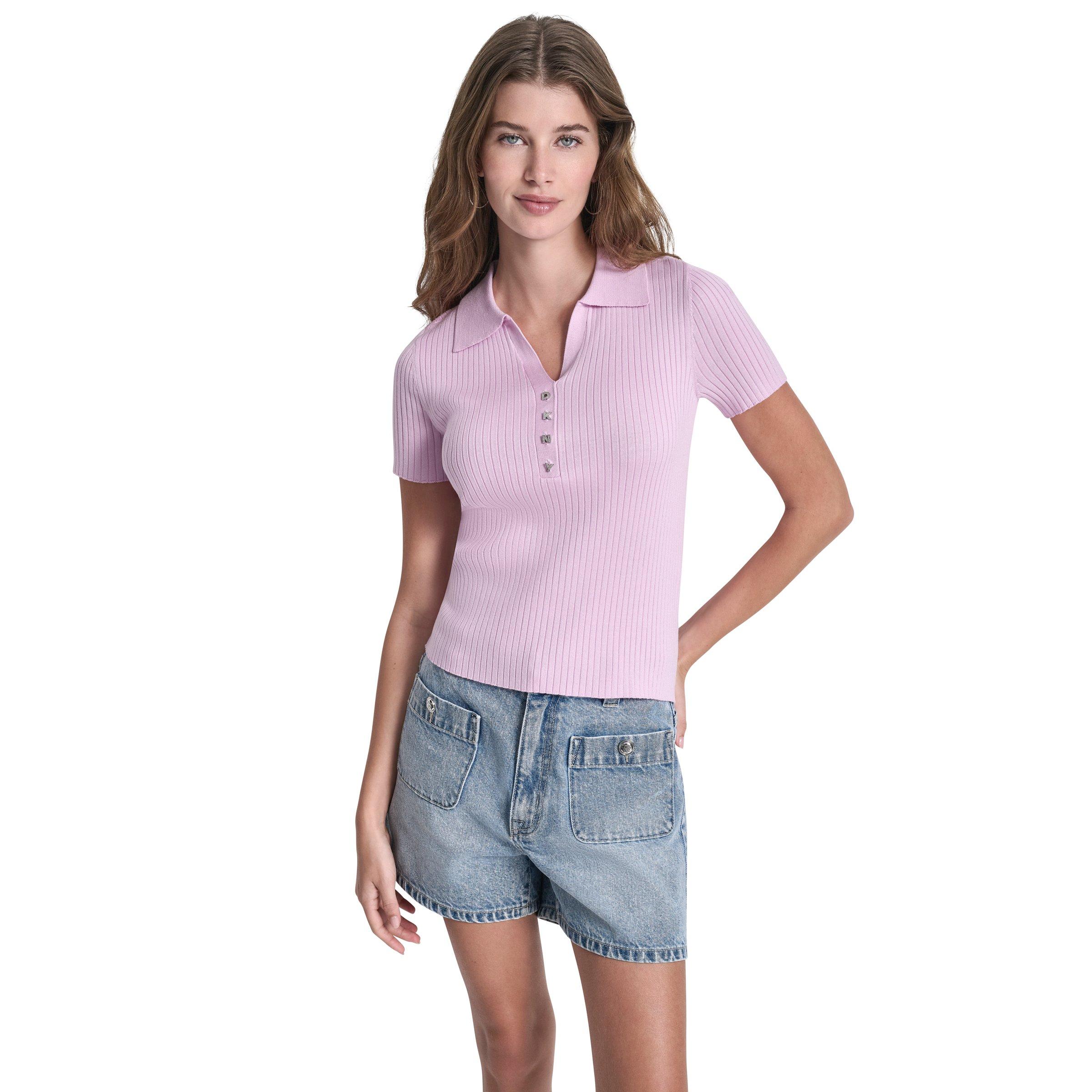Lavanda Rosa - DKNY - DKNY Jeans Short Sleeve Rib Polo W/ Logo Rhinestone Buttons - 1