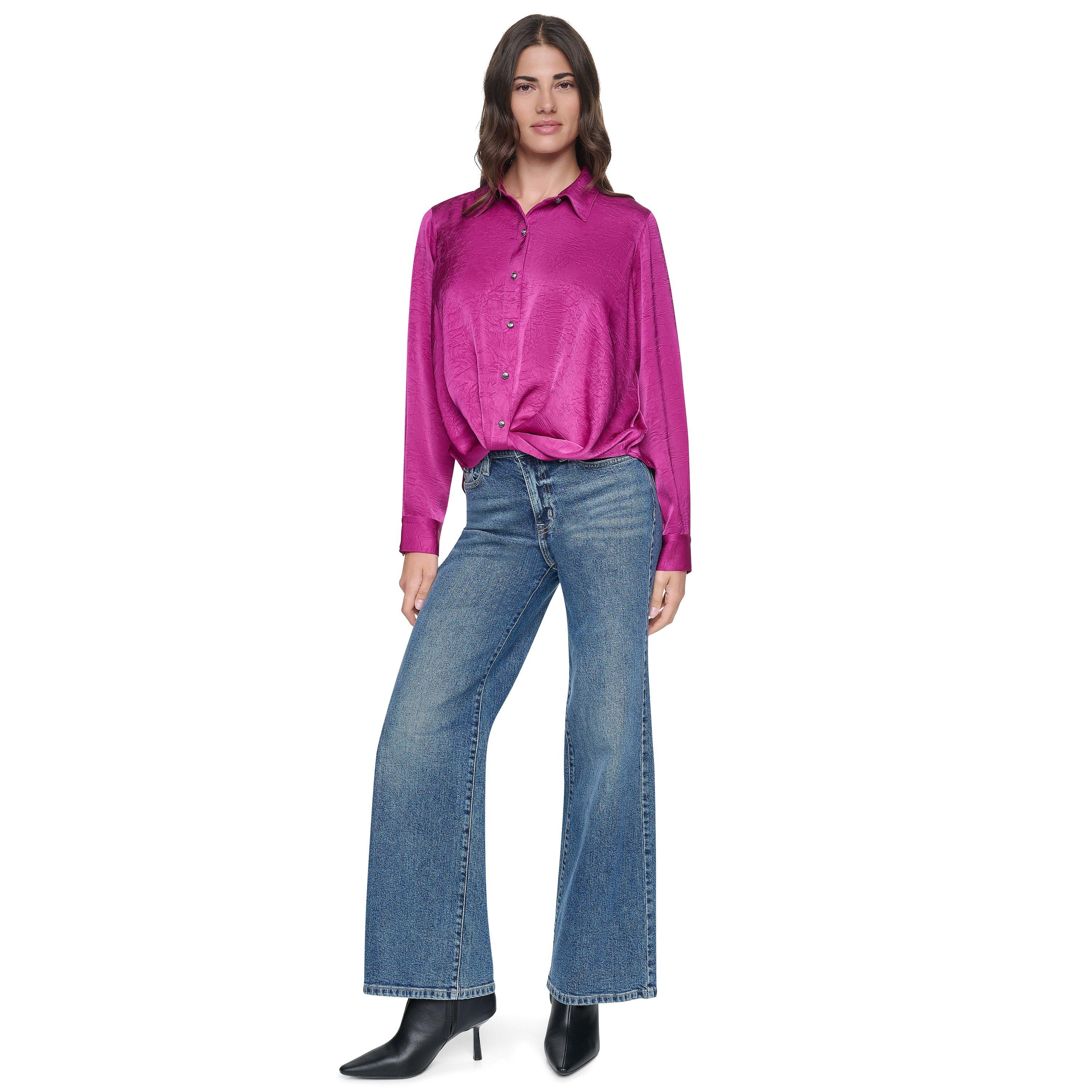 Raspberry - DKNY - Women's Twist Crease Long-Sleeve Blouse - 3