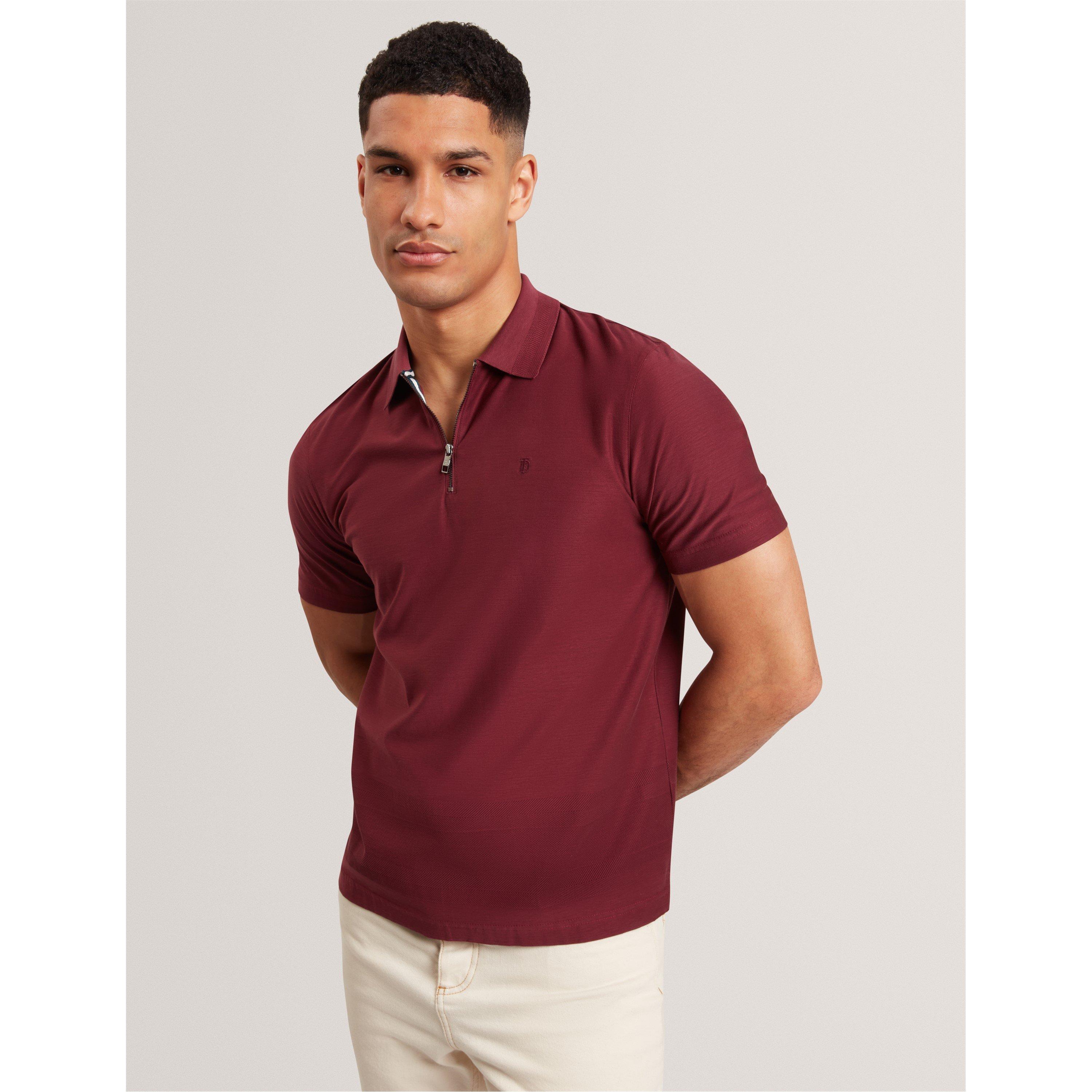 Maroon - Ted Baker - Men's Textured Zip Short Sleeve Polo Shirt - 2