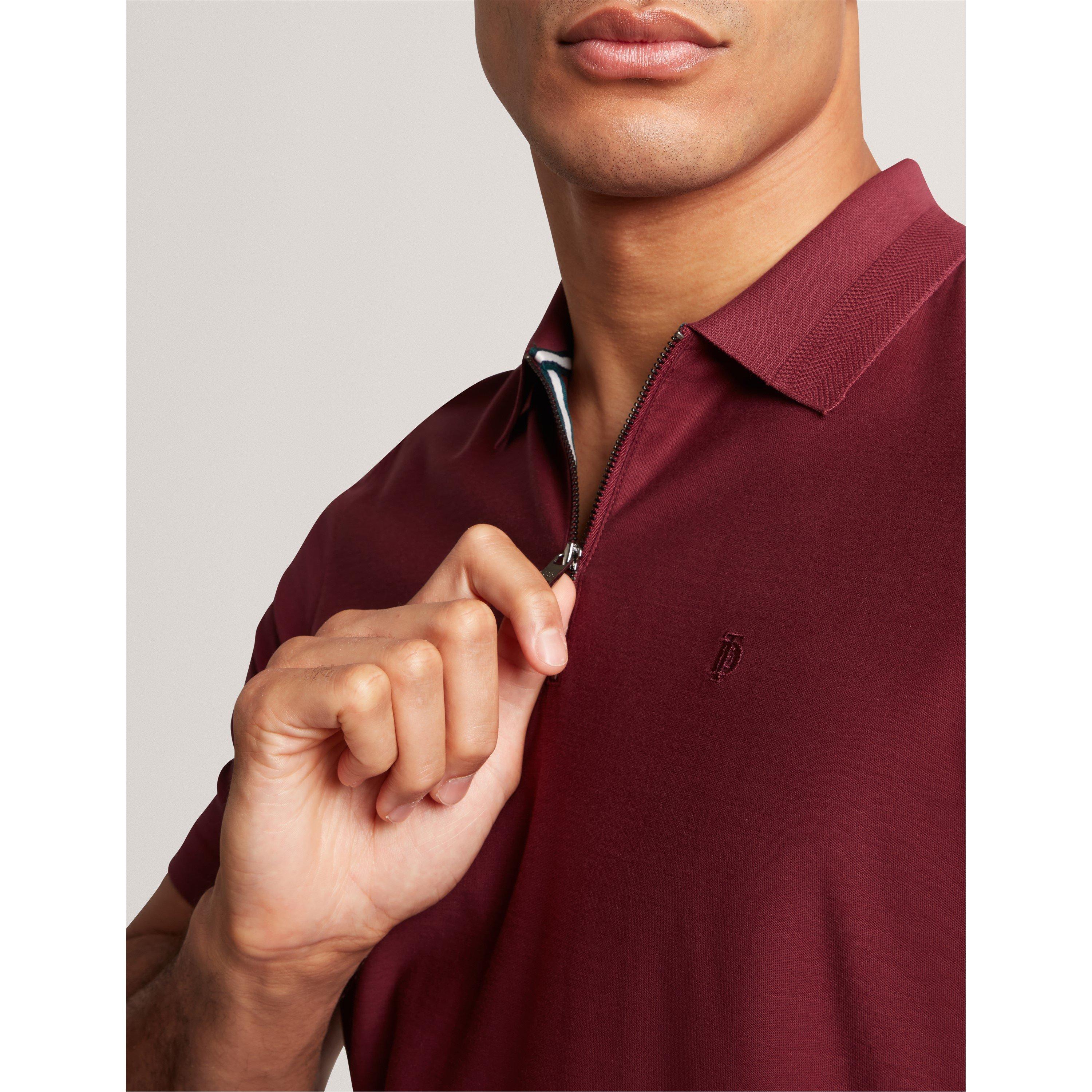Maroon - Ted Baker - Men's Textured Zip Short Sleeve Polo Shirt - 4