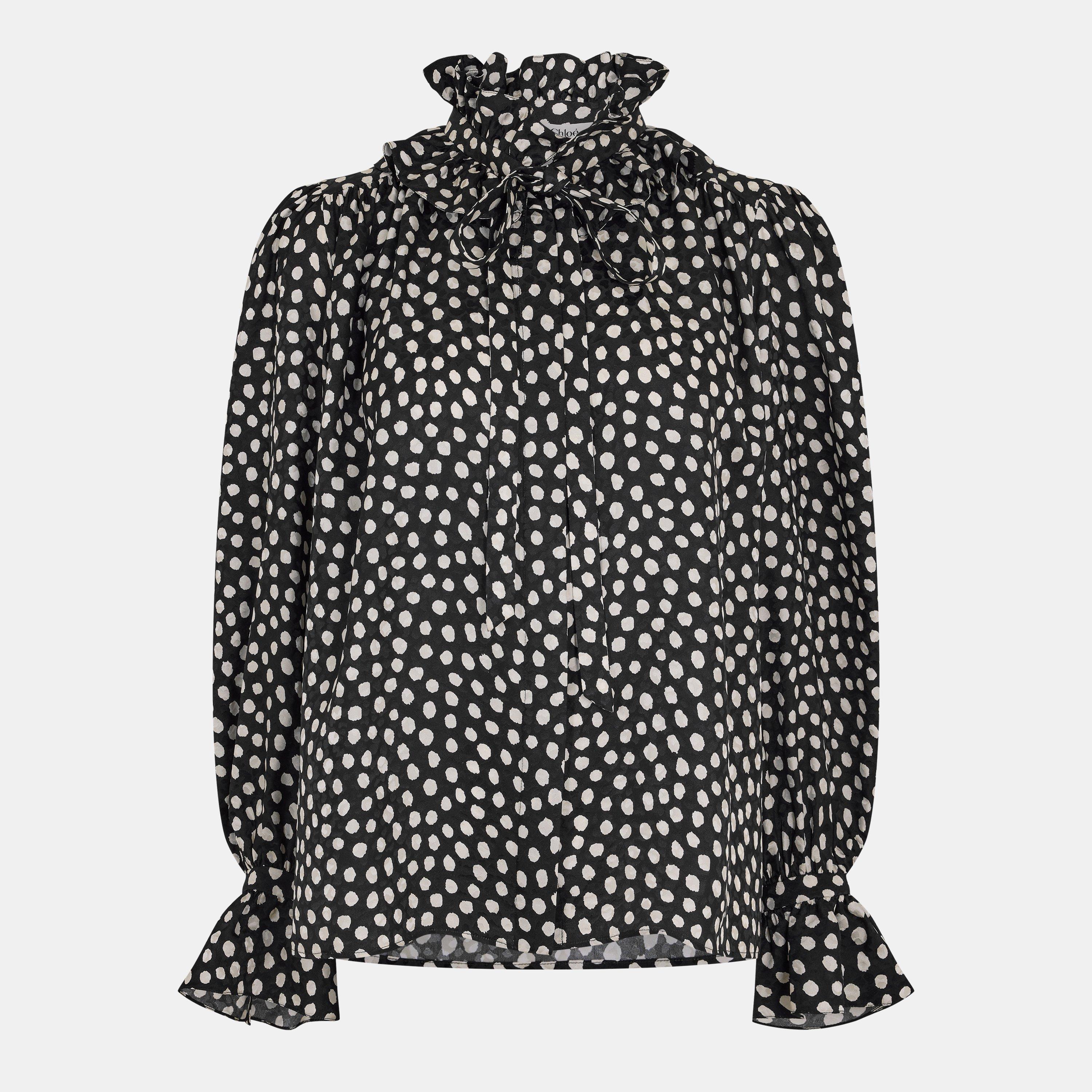 Chloe Women's Polka Long Sleeve Blouse - Black/Beige - Size 12 (40)