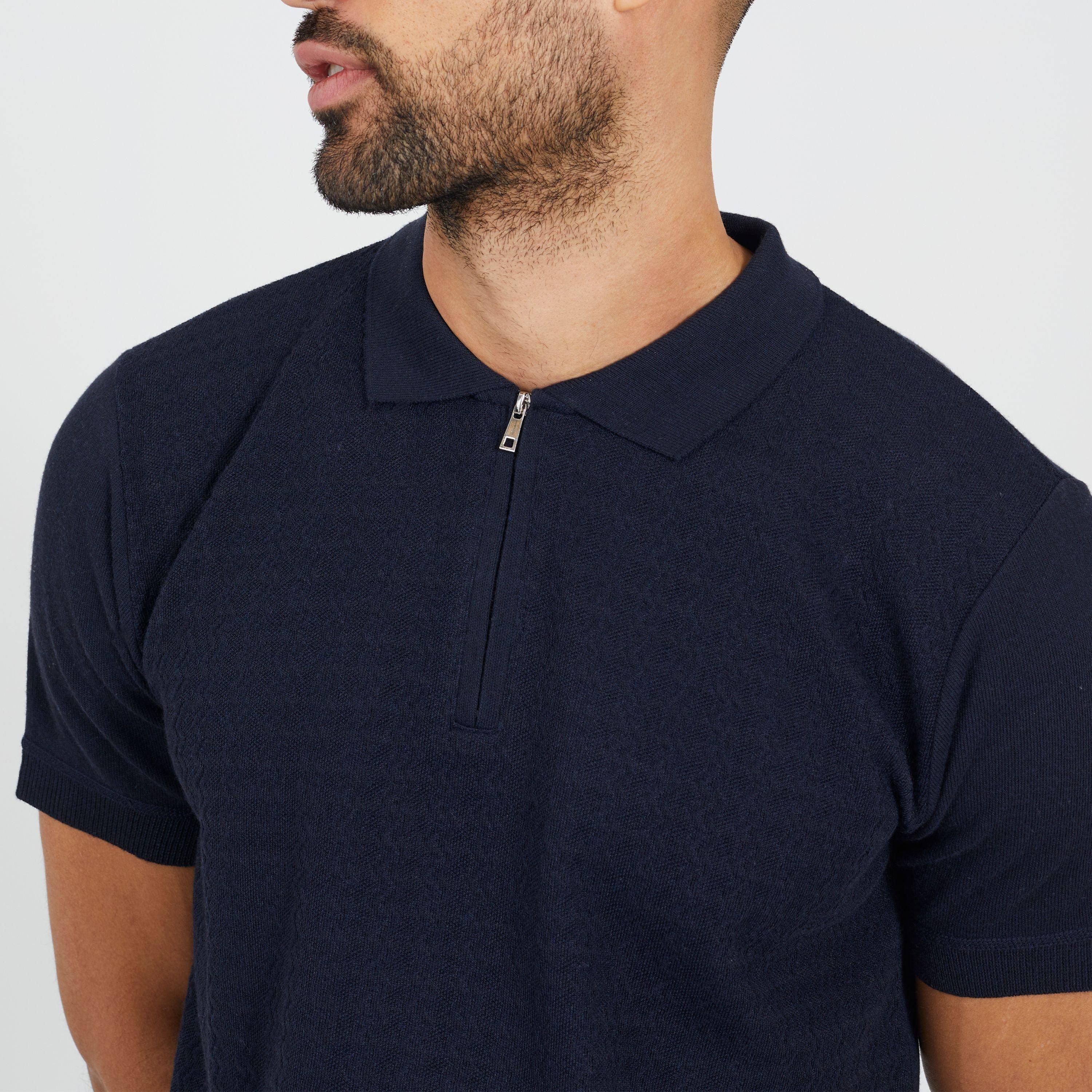 Dark Navy - Brave Soul - Navy Knitted Polo with Zip Neck - 3