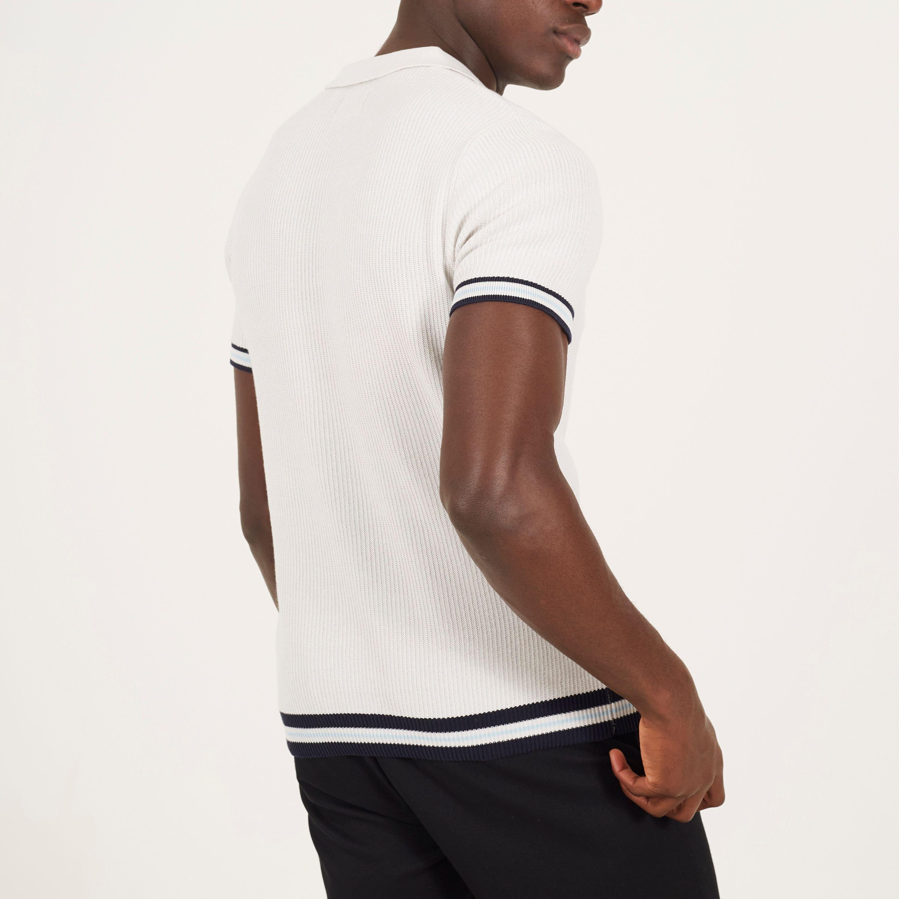 Ecru/Navy - Brave Soul - Mens Knitted Polo with Zip Neck & Contrast Trims - 2