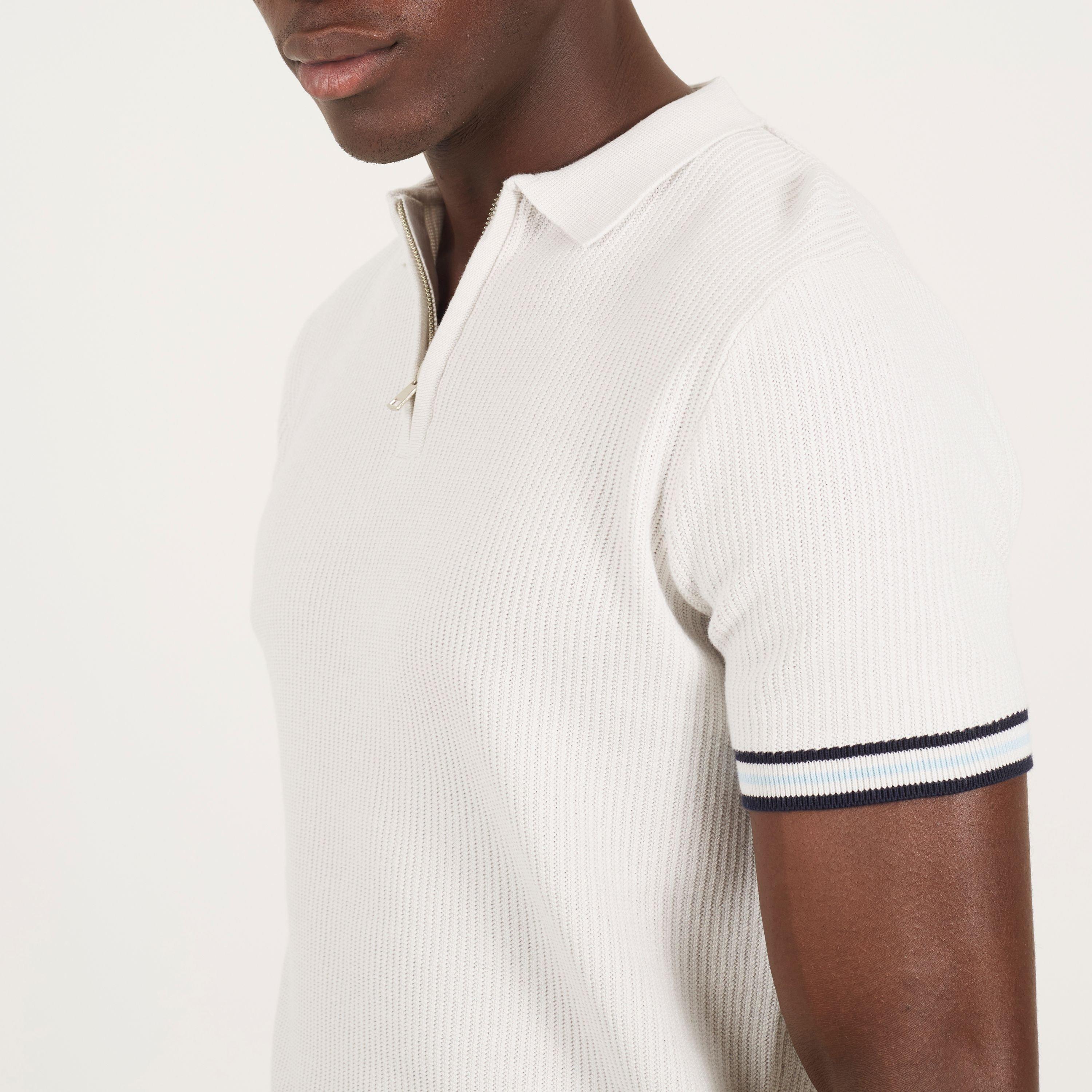 Ecru/Navy - Brave Soul - Mens Knitted Polo with Zip Neck & Contrast Trims - 3