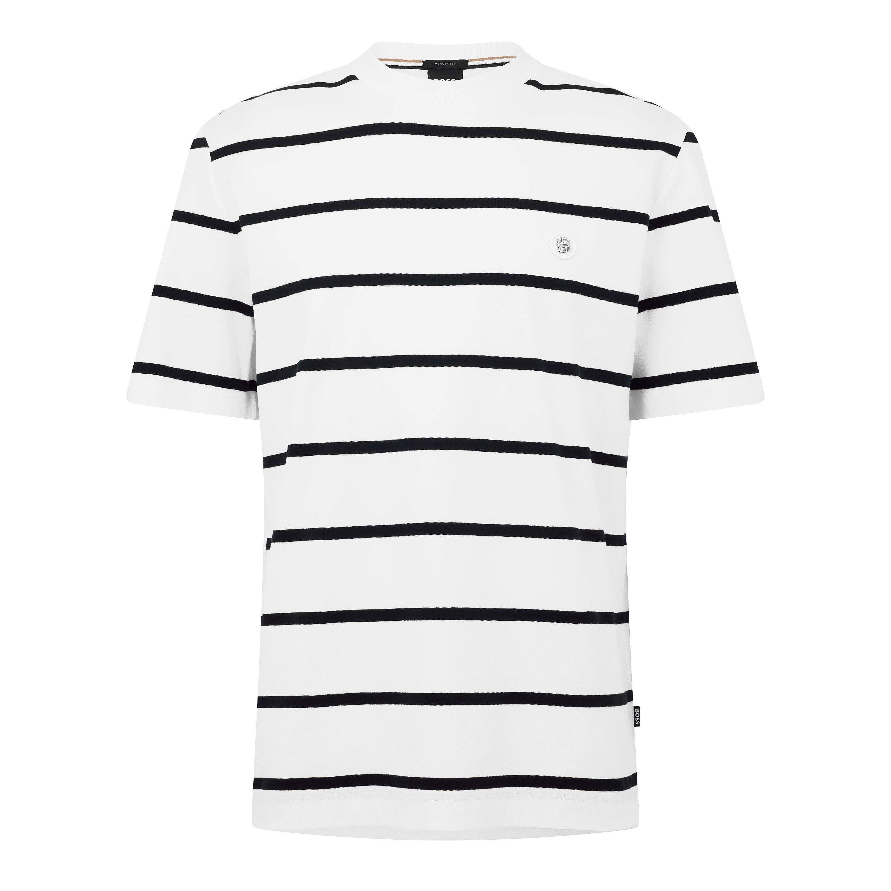 Boss Men's Black Taut Minimalist Design T-Shirt With Logo Detail - White Striped - Large