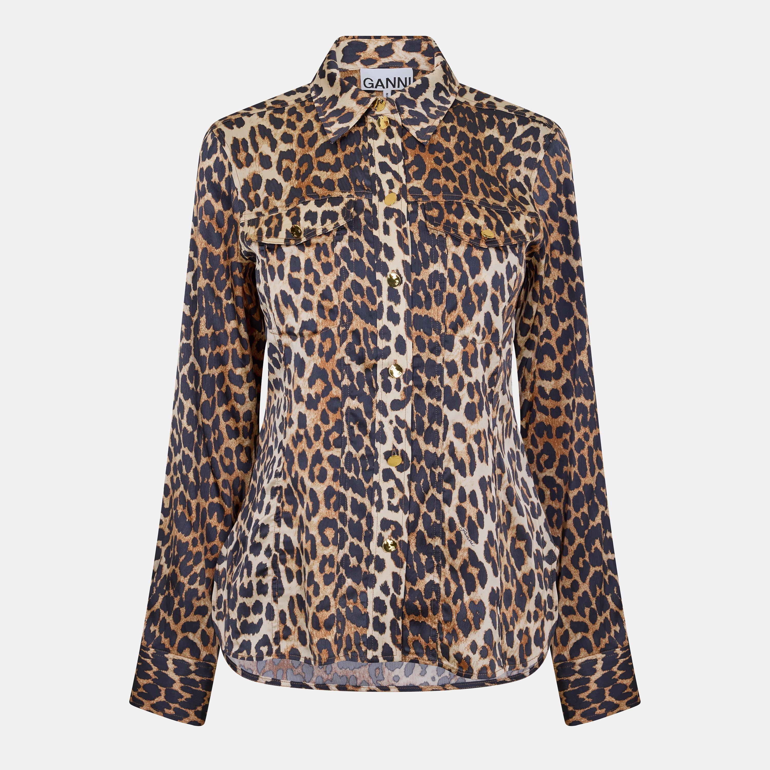 Ganni Women's Satin Print Long Sleeve Blouse - Leopard - Size 12 (38)