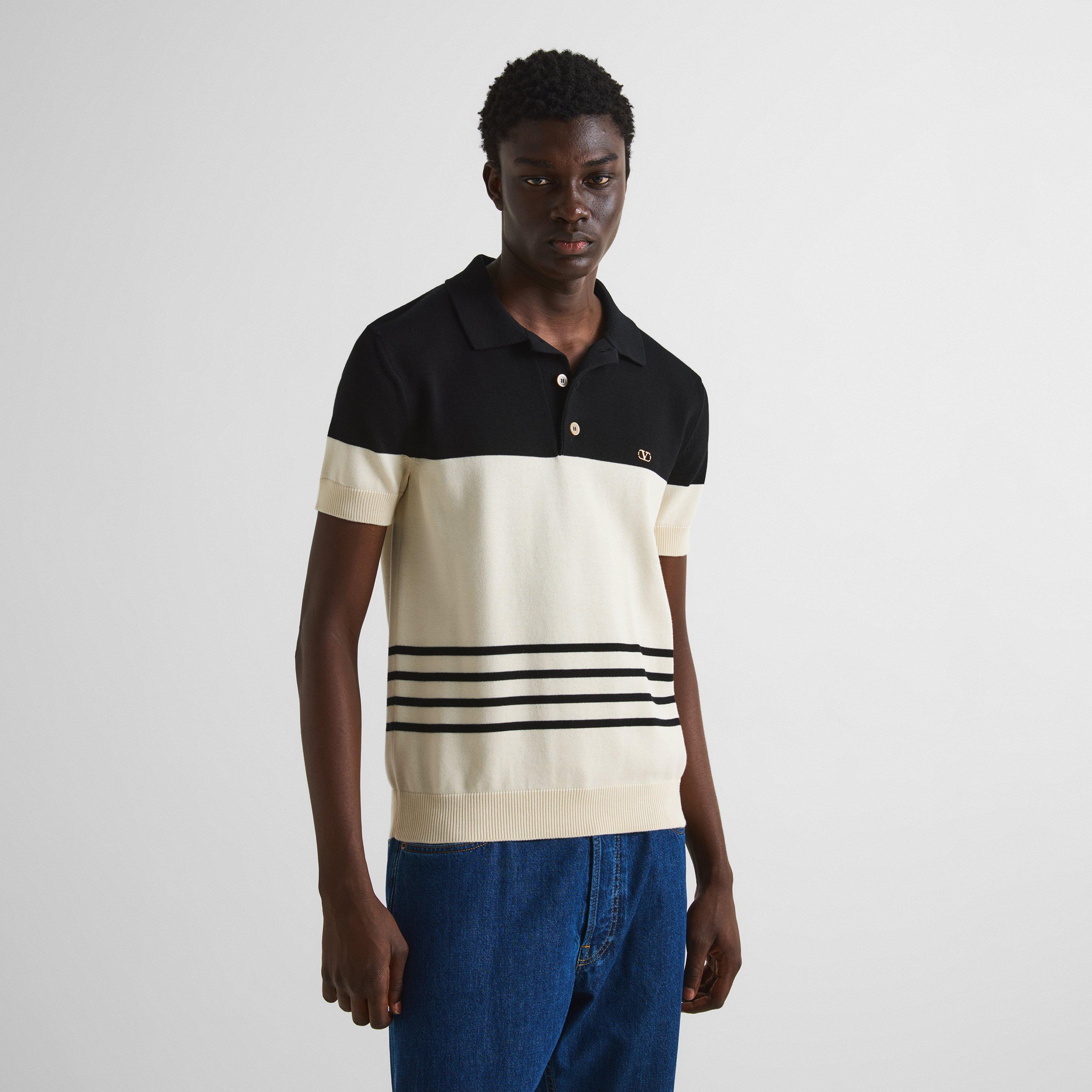 Burro/Vblack - Valentino - Men's Striped Short-Sleeve Wool Polo Shirt - 3