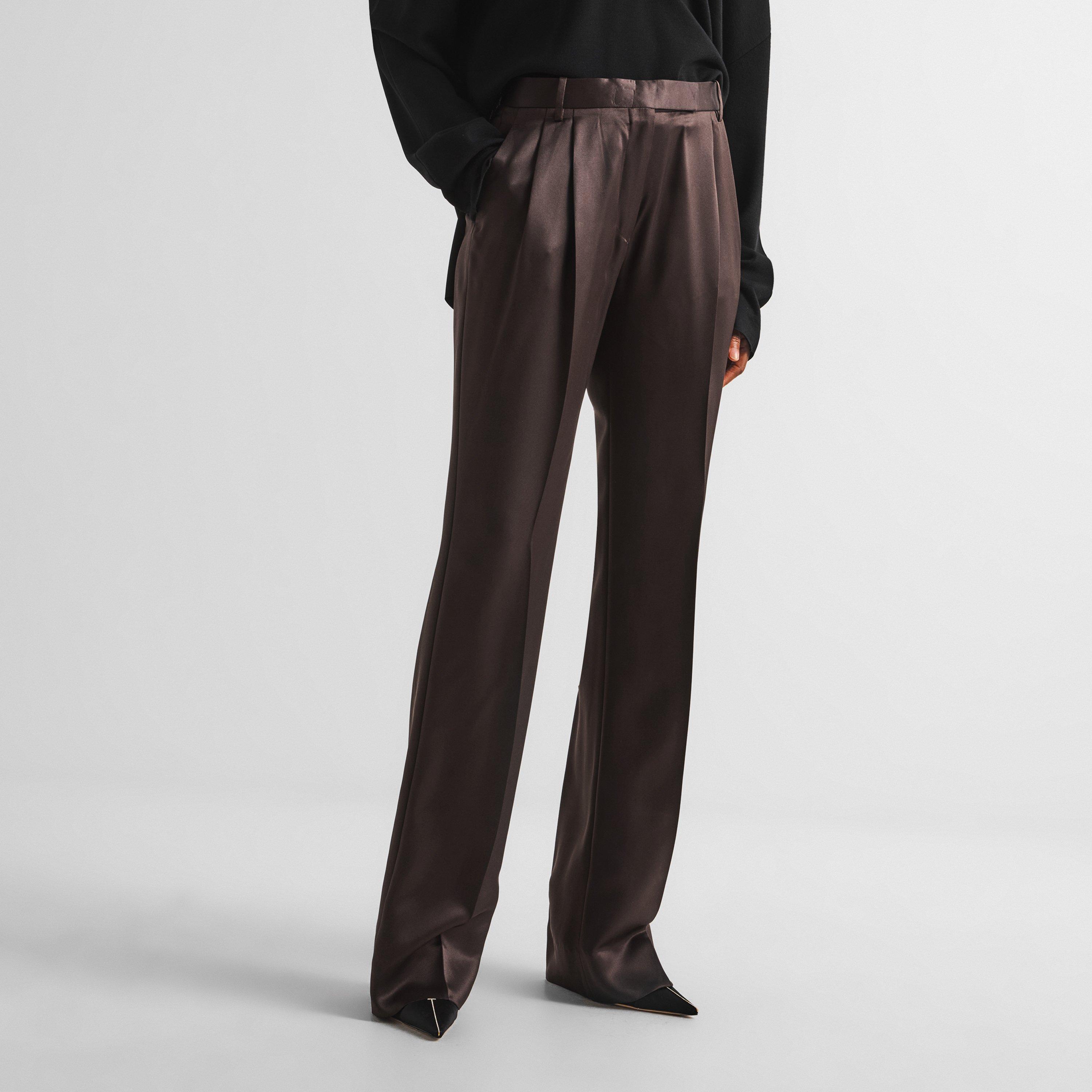 Brown - Tom Ford - Women's Silk Pleat Straight Leg Trousers - 3