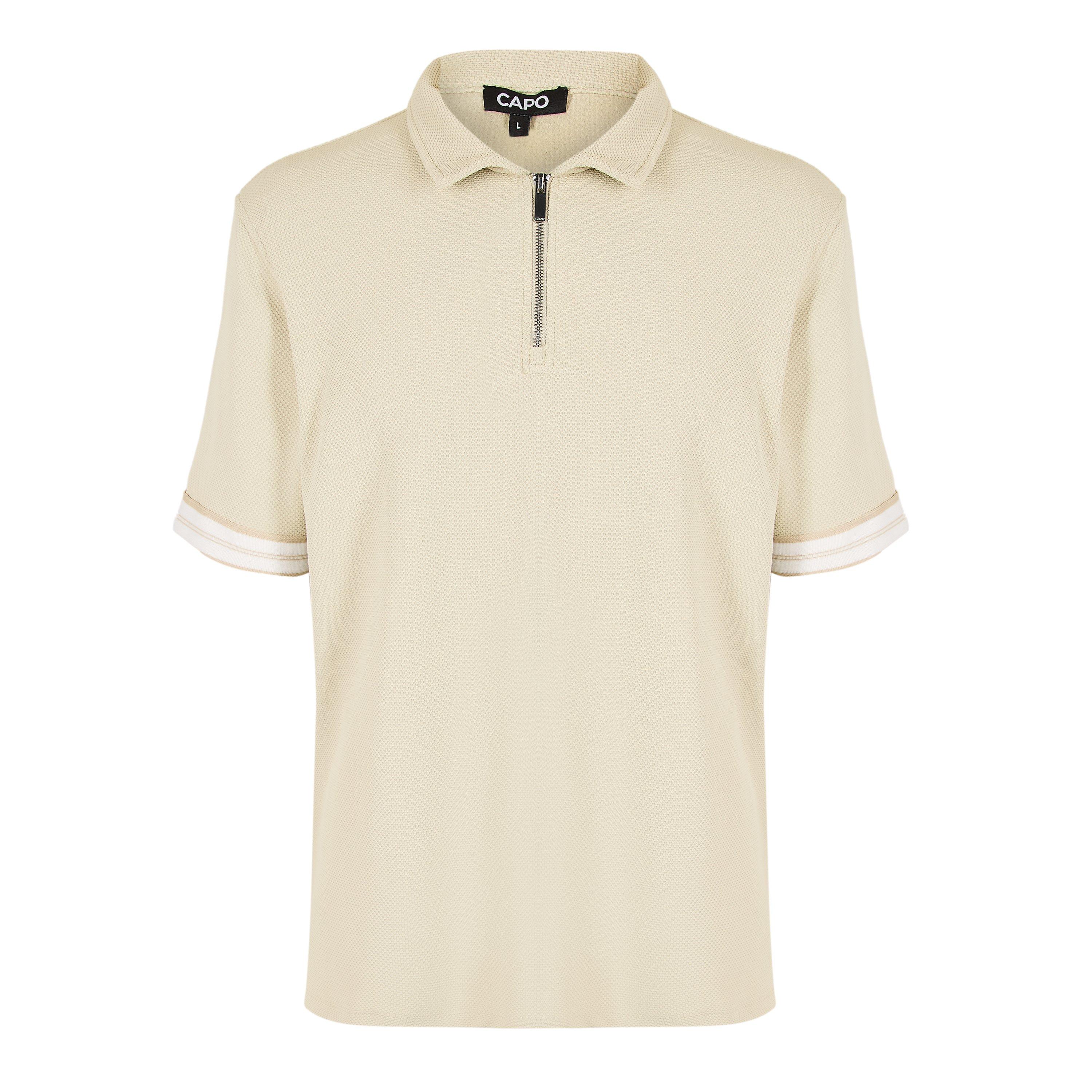 Beige - CAPO - Men's Textured Short Sleeve Polo Shirt - 1