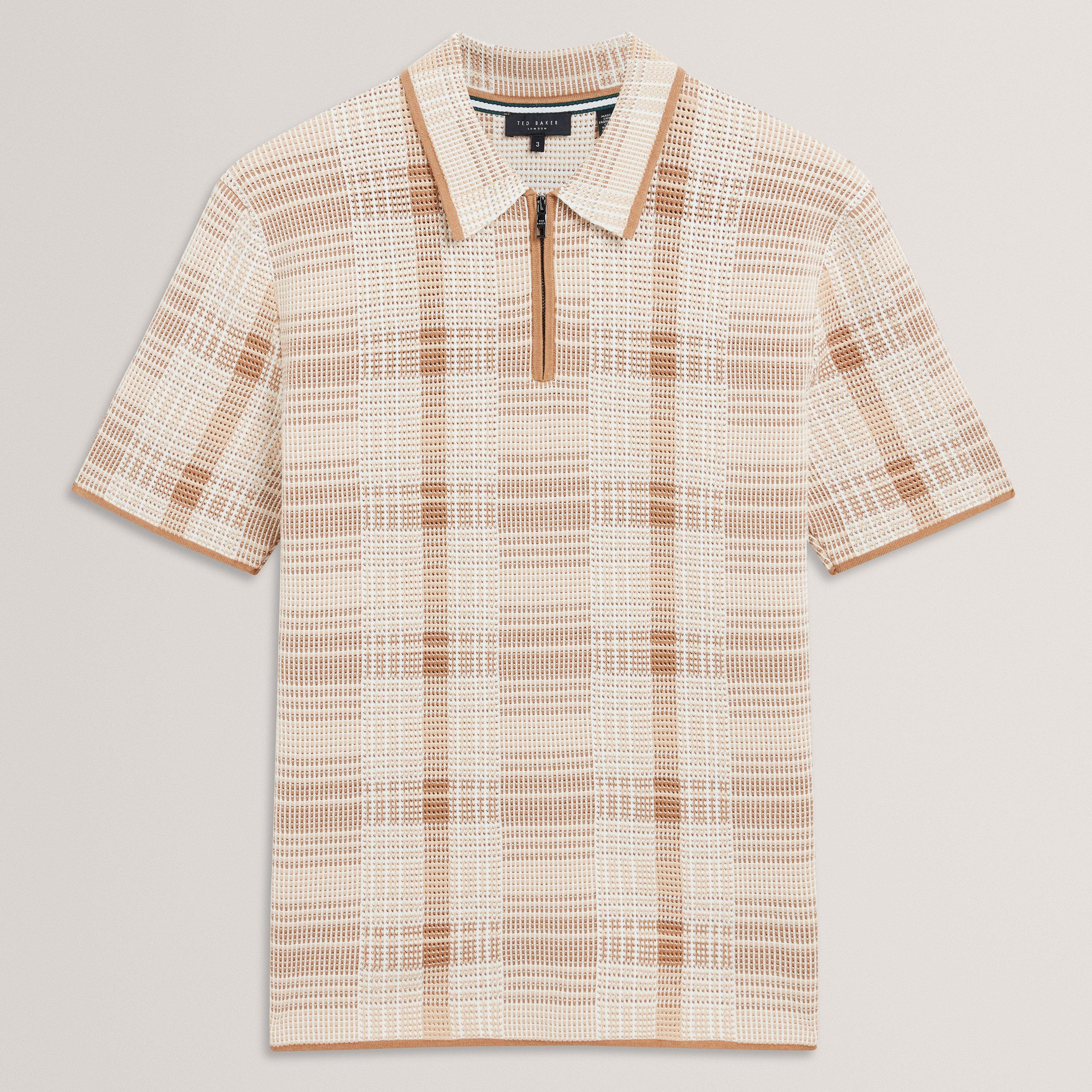 Ted Baker Men's Checked Zip Neck Cotton Knit Polo - Taupe - 2XL (6)
