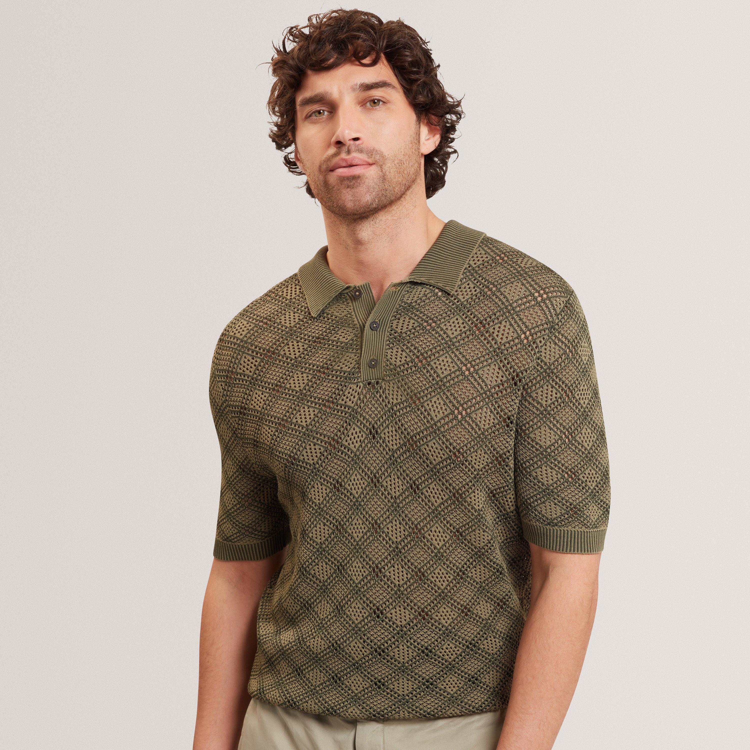 KHAKI - Ted Baker - Mens Geometric Open Knit Short Sleeve Polo - 3