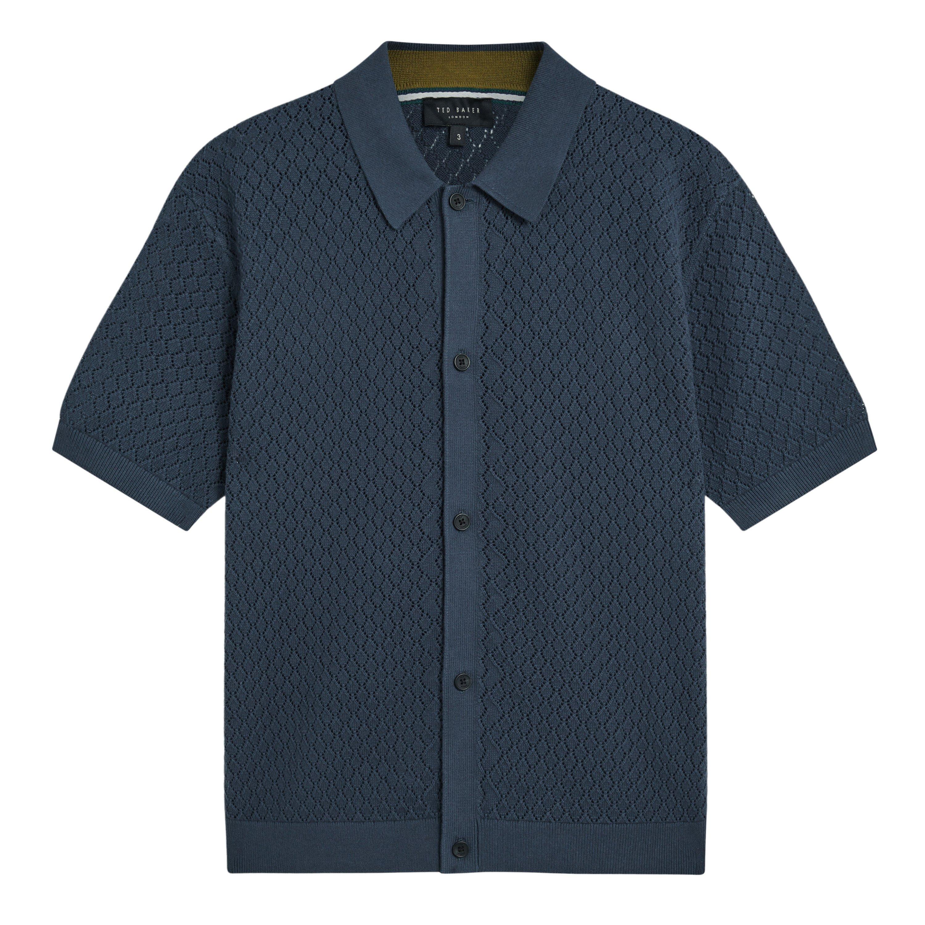 MID-NAVY - Ted Baker - Mens Diamond Crochet Knit Short Sleeve Shirt - 1