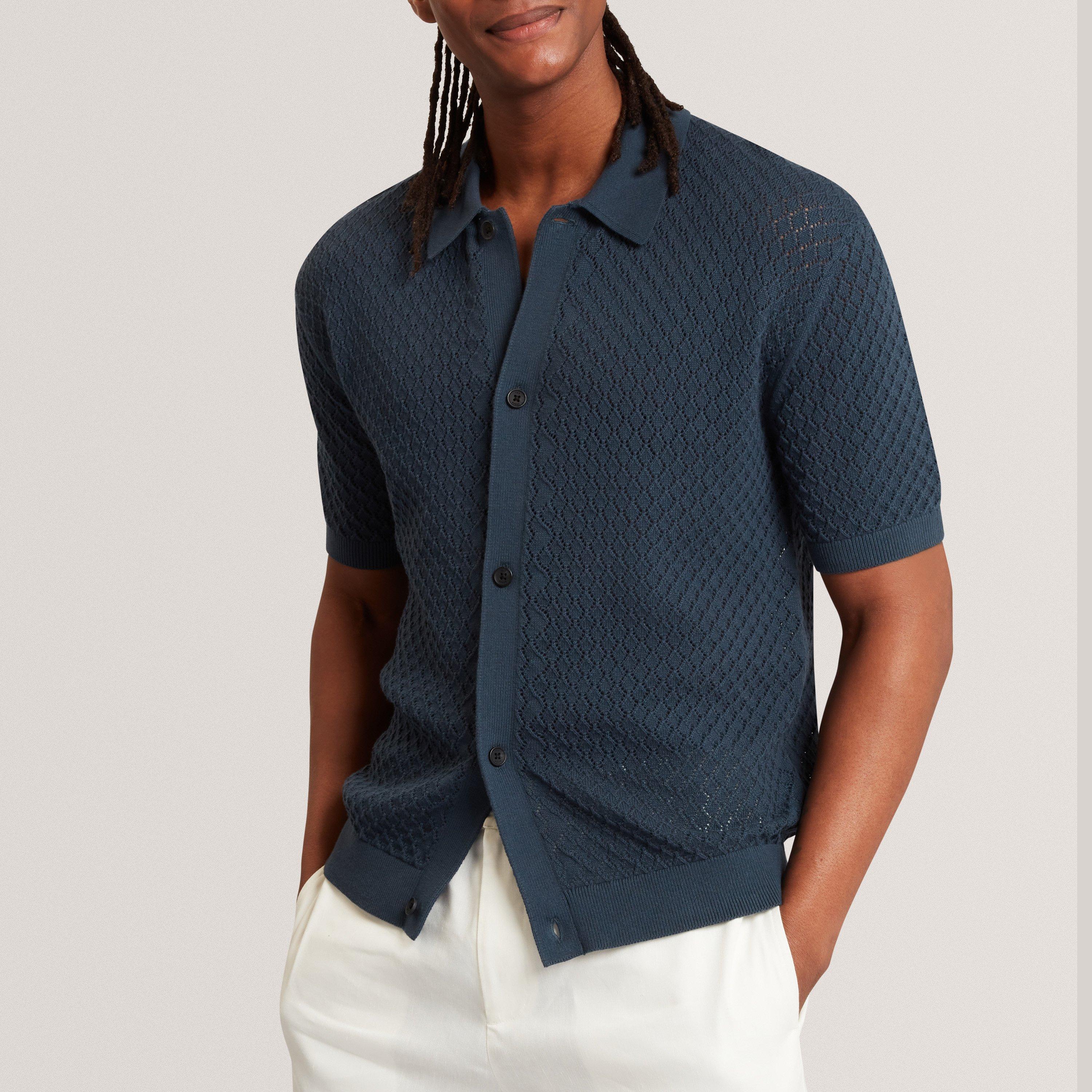 MID-NAVY - Ted Baker - Men's SS Crochet Short Sleeve Polo Shirt - 2