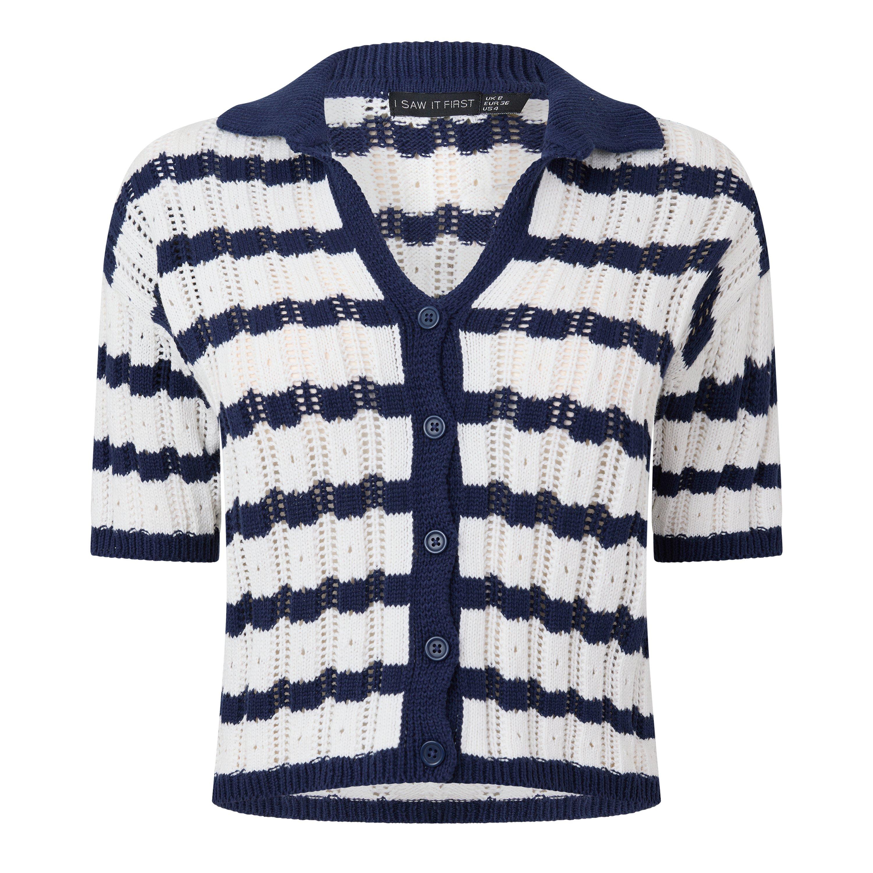 Navy / Cream - I Saw It First - Striped Crochet Button Top - 1