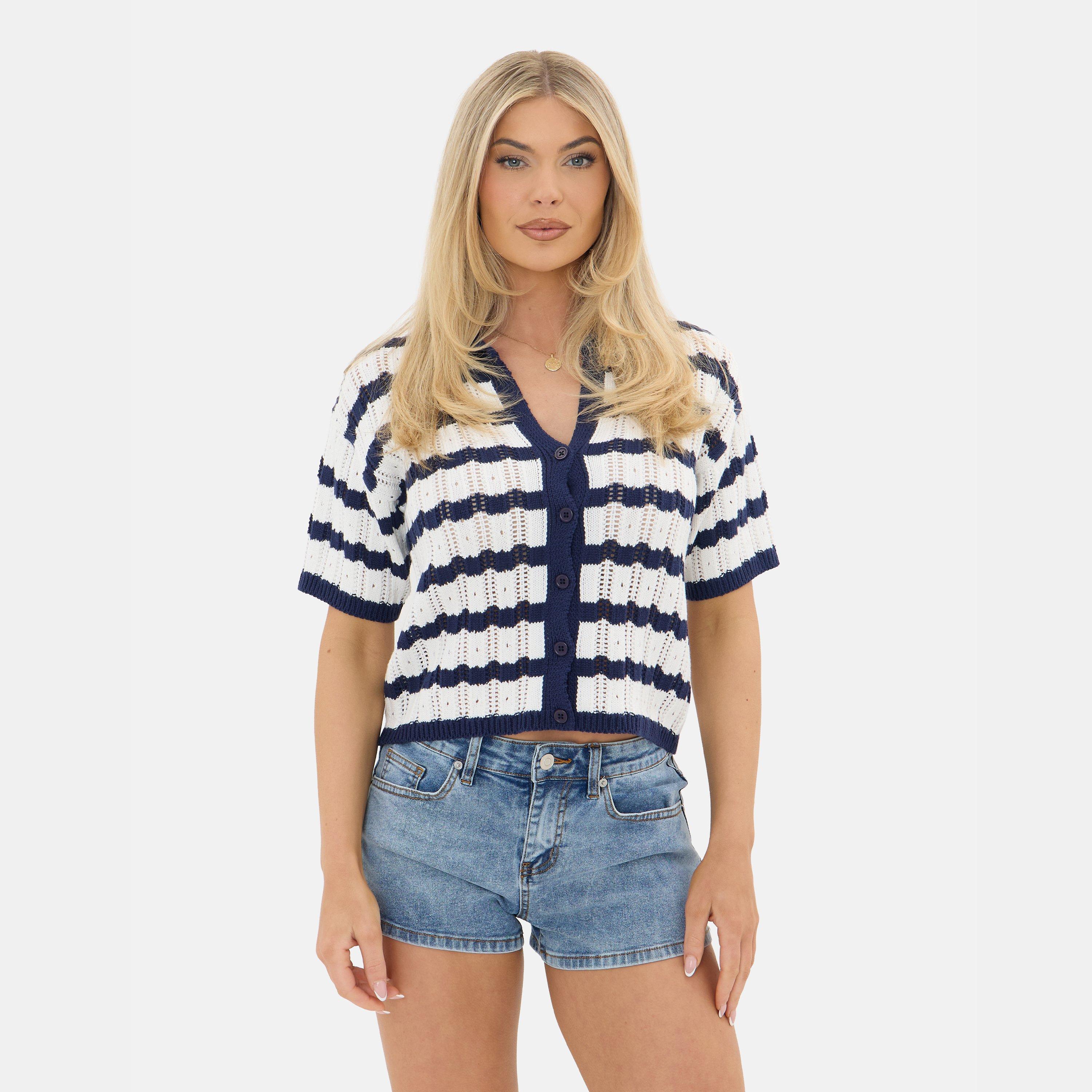 Marino / Crema - I Saw It First - Striped Crochet Button Top - 2