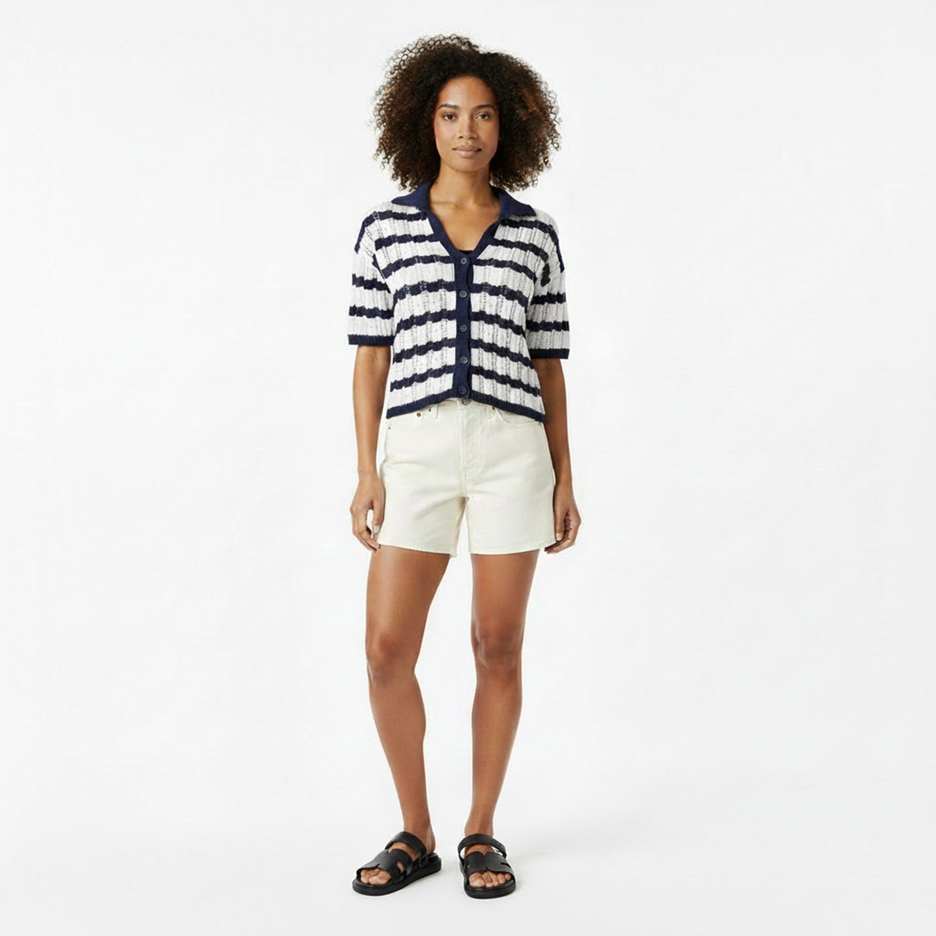 Navy / Cream - I Saw It First - Striped Crochet Button Top - 6